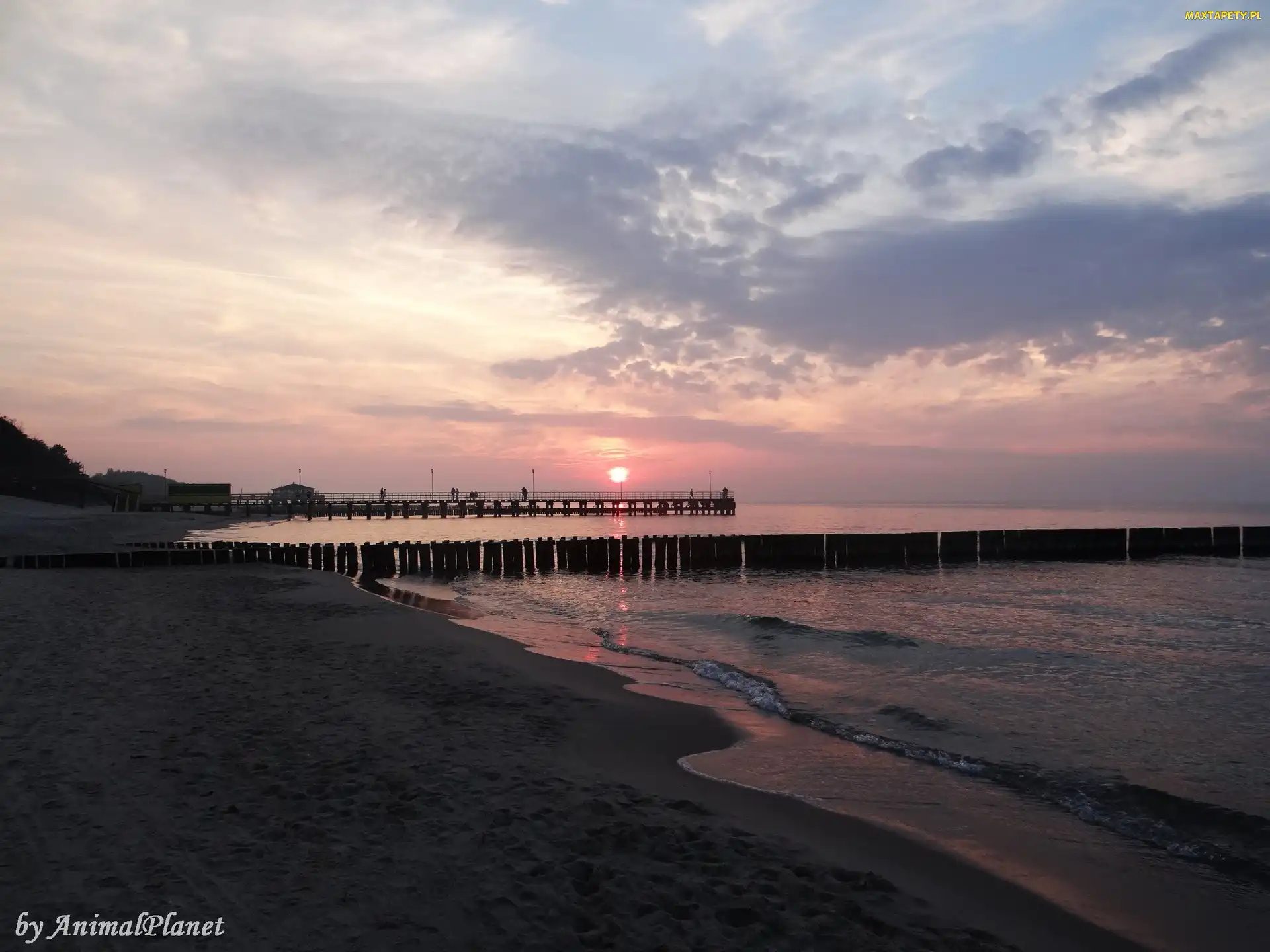 Morze, Molo, Zachód Słońca, Plaża, Krajobraz
