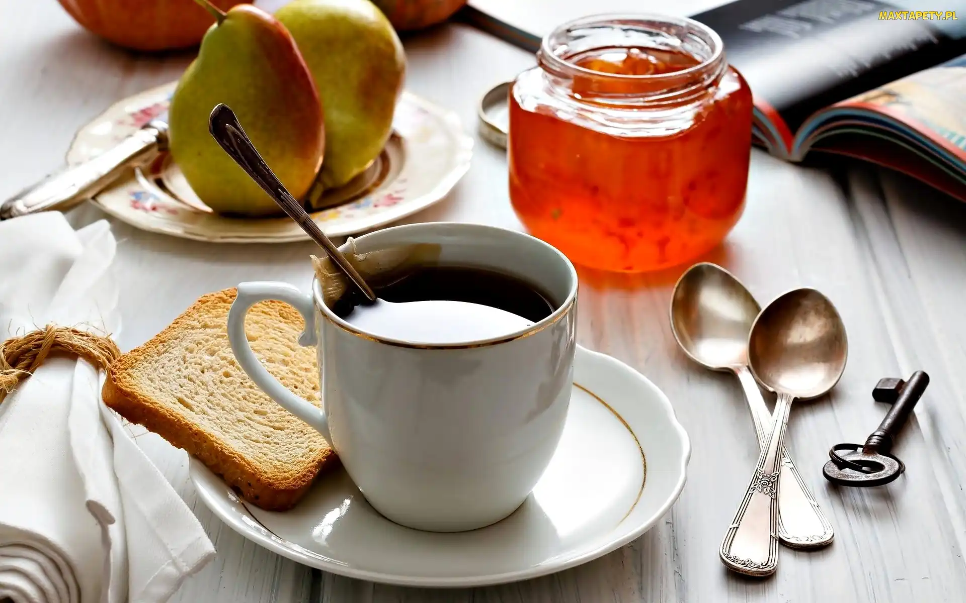 Klucz, Łyżeczki, Dżem, Tost, Herbata, Gruszki