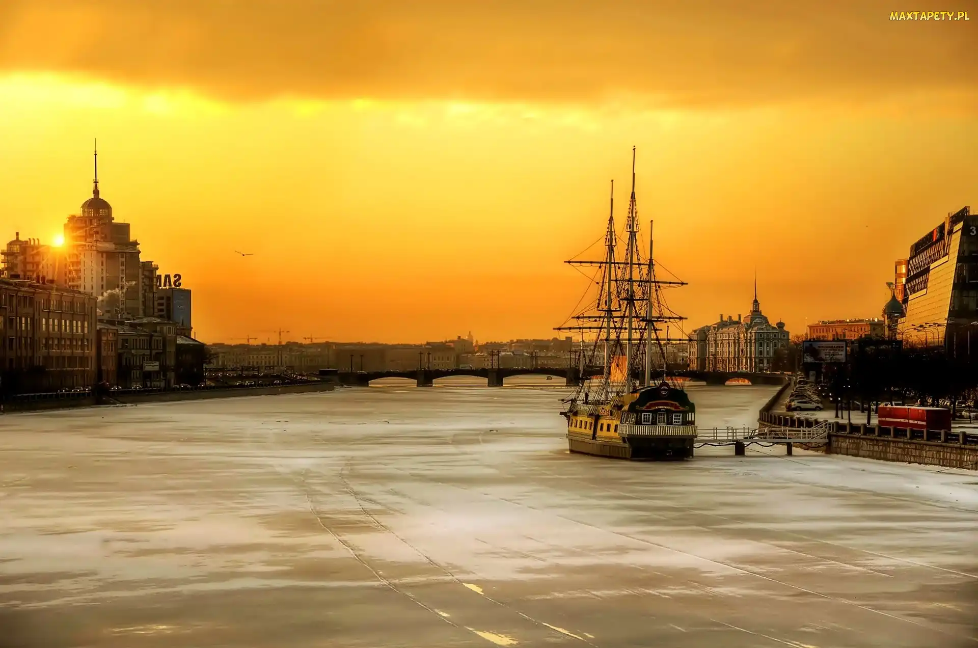 Miasto, Statek, Petersburg, Zachód Słońca