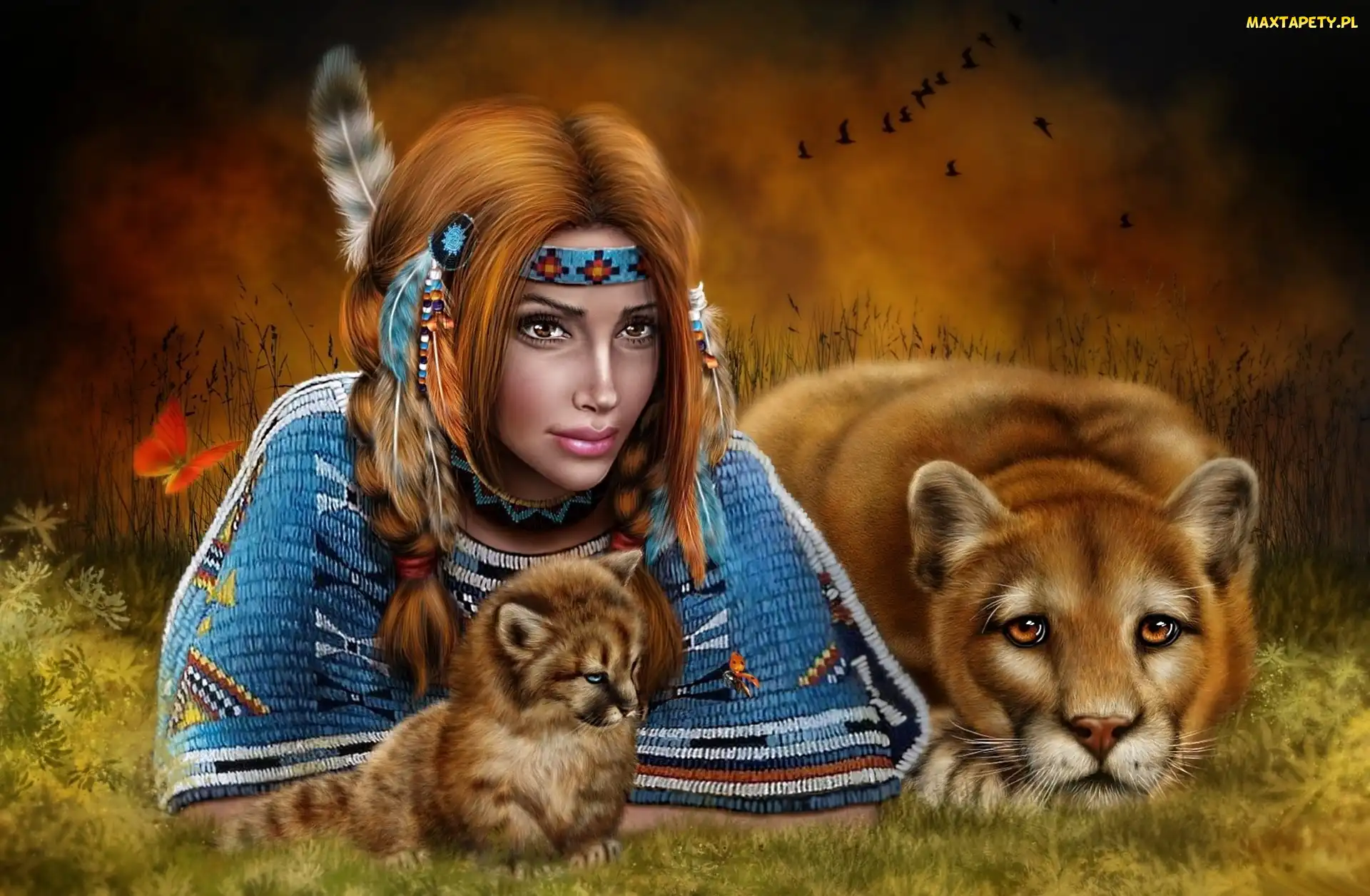 Dziewczyna, Fantasy, Puma, Małe, Indianka