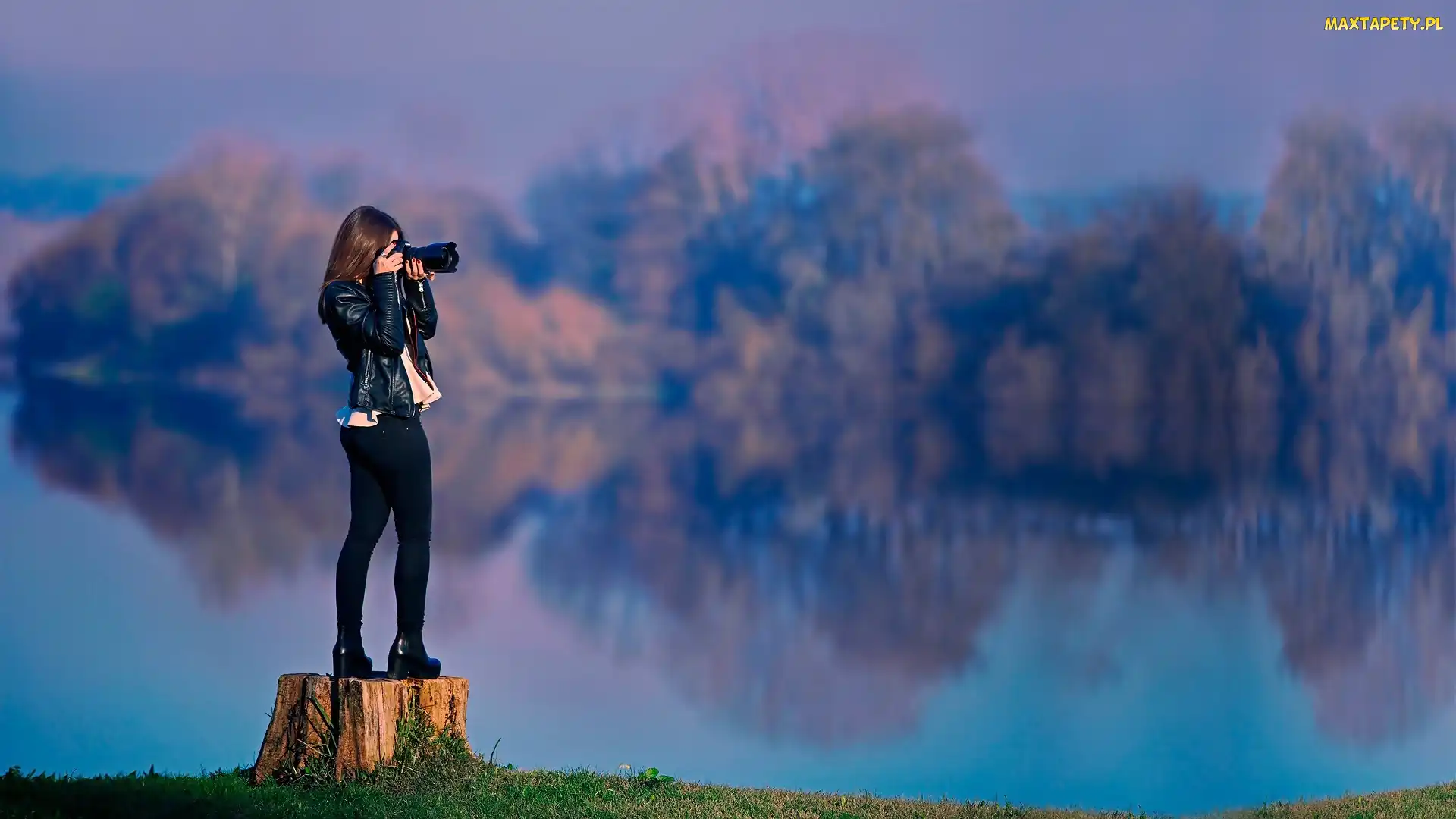 Jezioro, Aparat, Dziewczyna, Fotografowanie