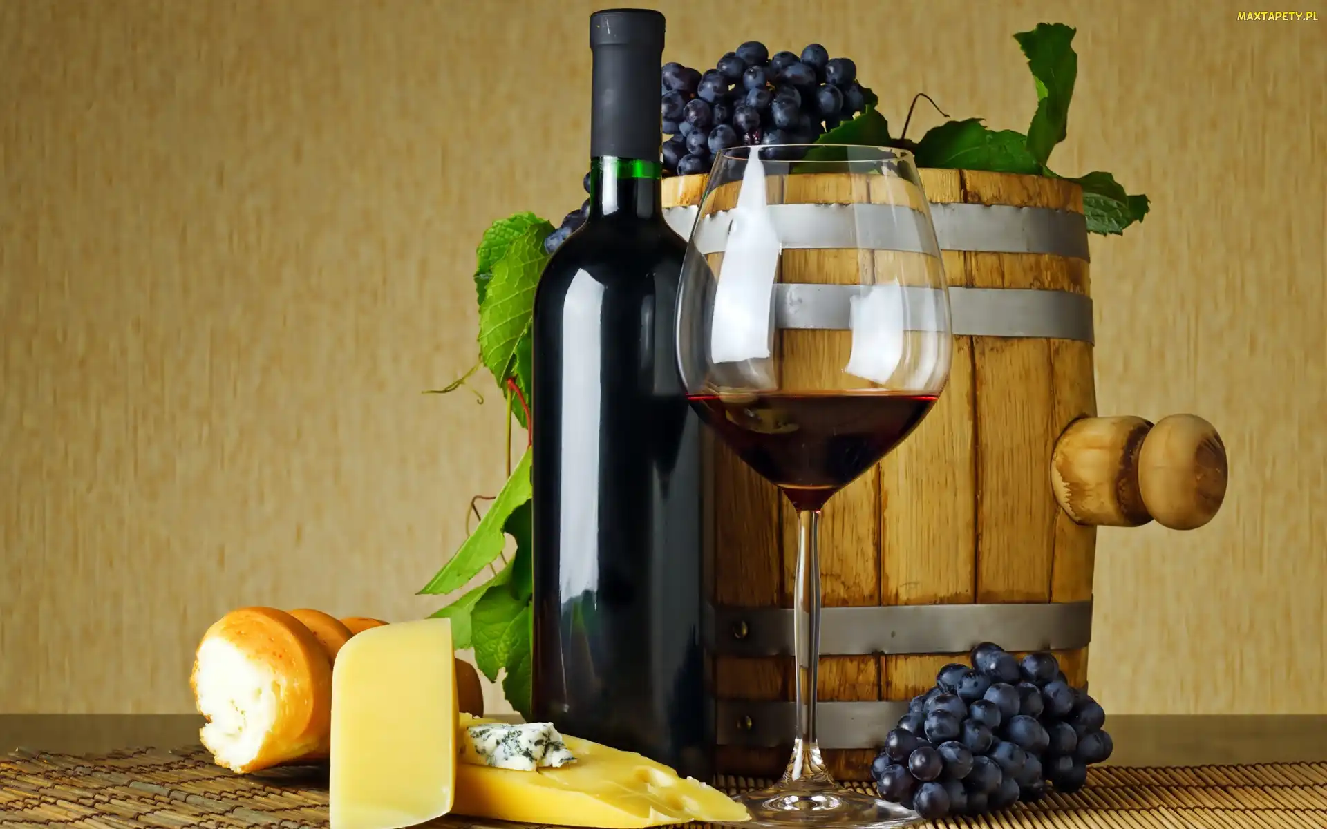 Beczka, Kieliszek, Sery, Winogrona, Wino, Butelka