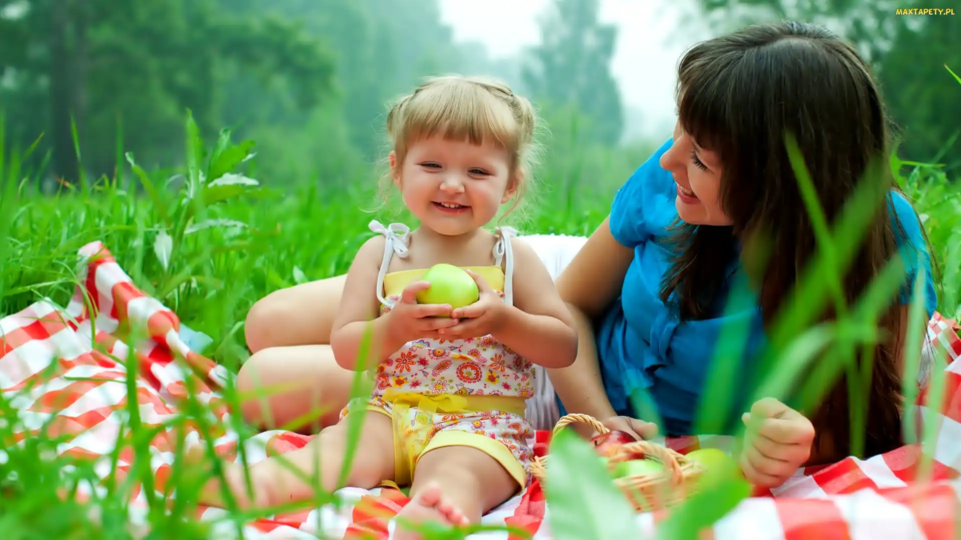Piknik, Łąka, Kobieta, Dziecko