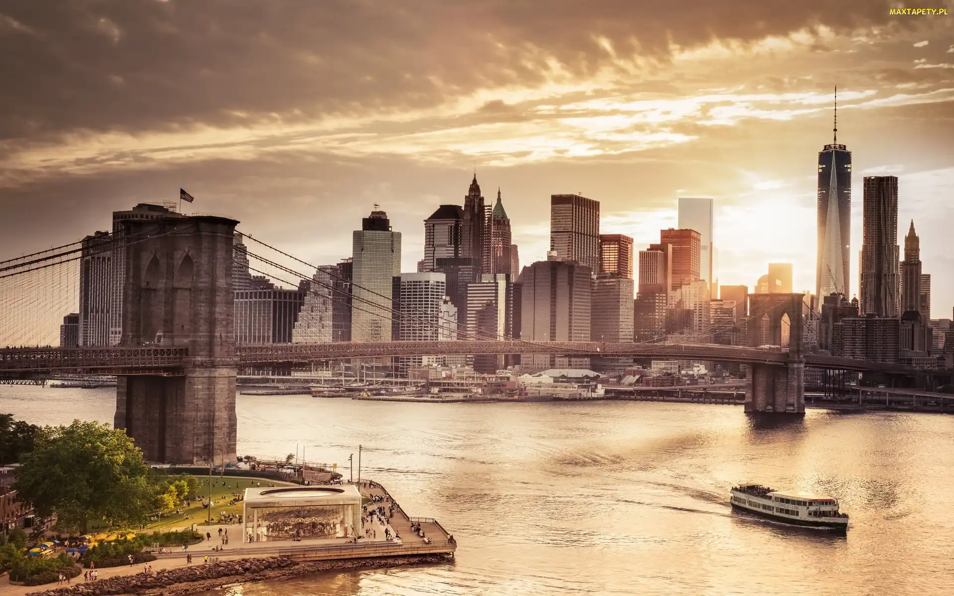 Zachód Słońca, Brooklyn Bridge, Nowy Jork, Rzeka, Most, Drapacze Chmur, Stany Zjednoczone