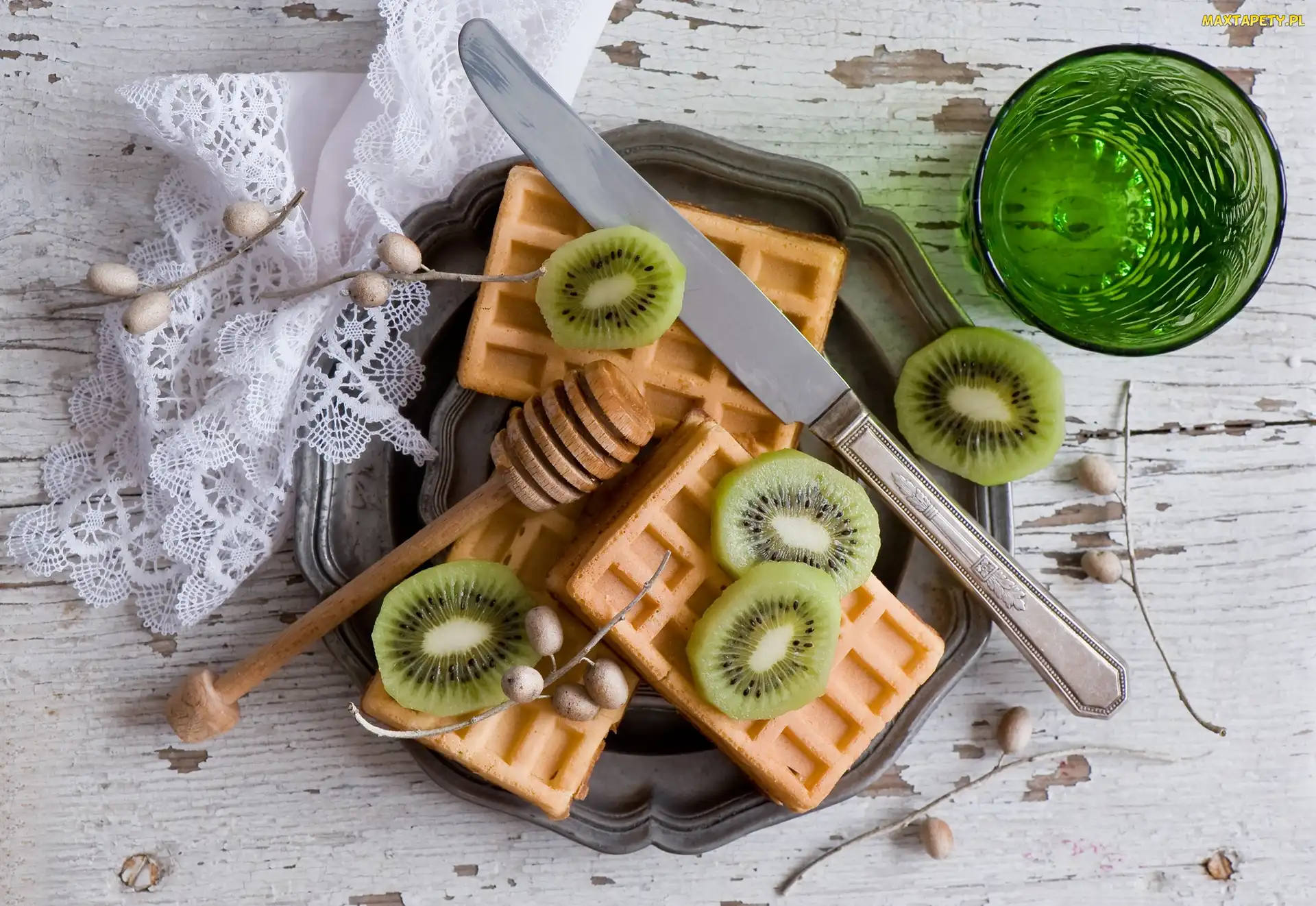 Owoc, Szklanka, Nóż, Gofry, Kiwi