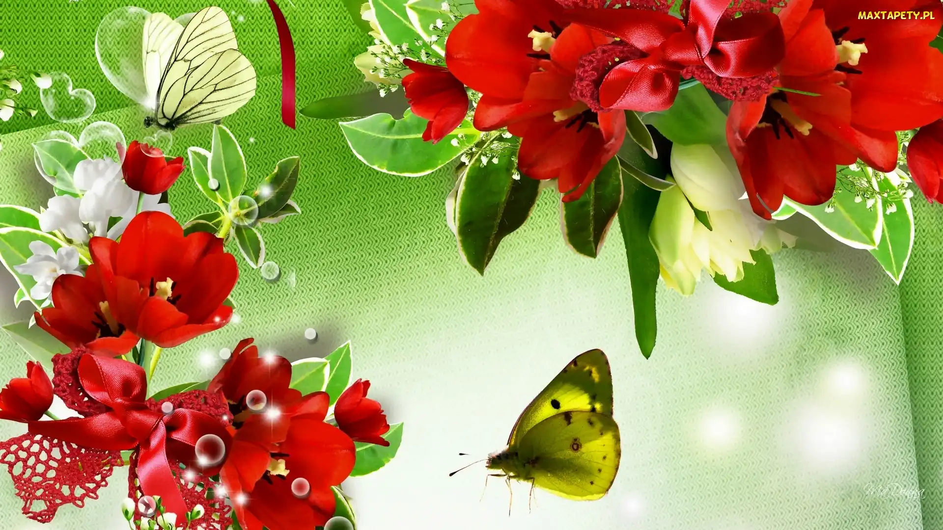 Tulipany, Art, Grafika, Motyle, Czerwone