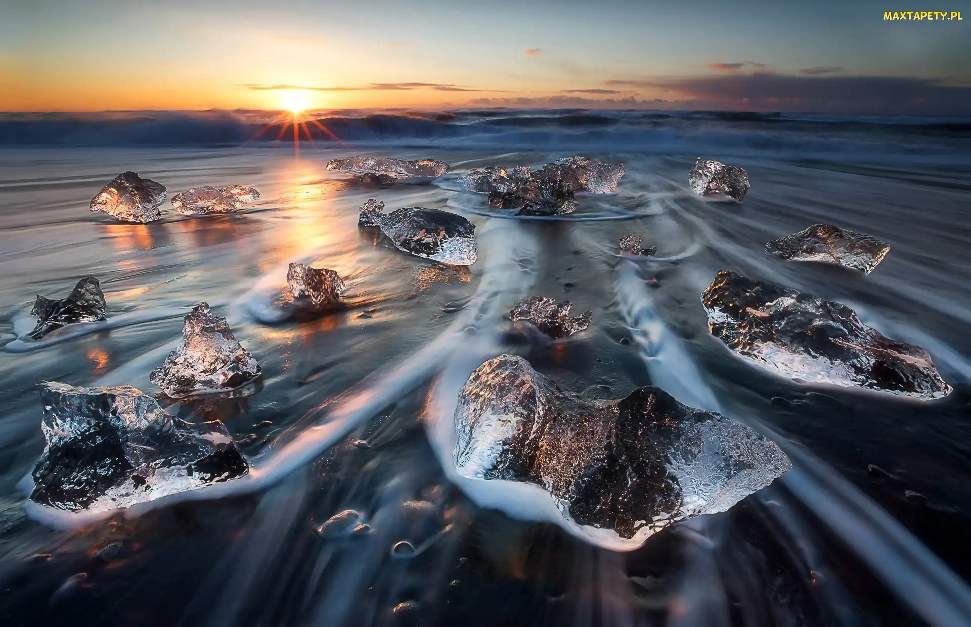 Park Narodowy Vatnajökull, Wschód Słońca, Morze, Islandia, Lód, Fale