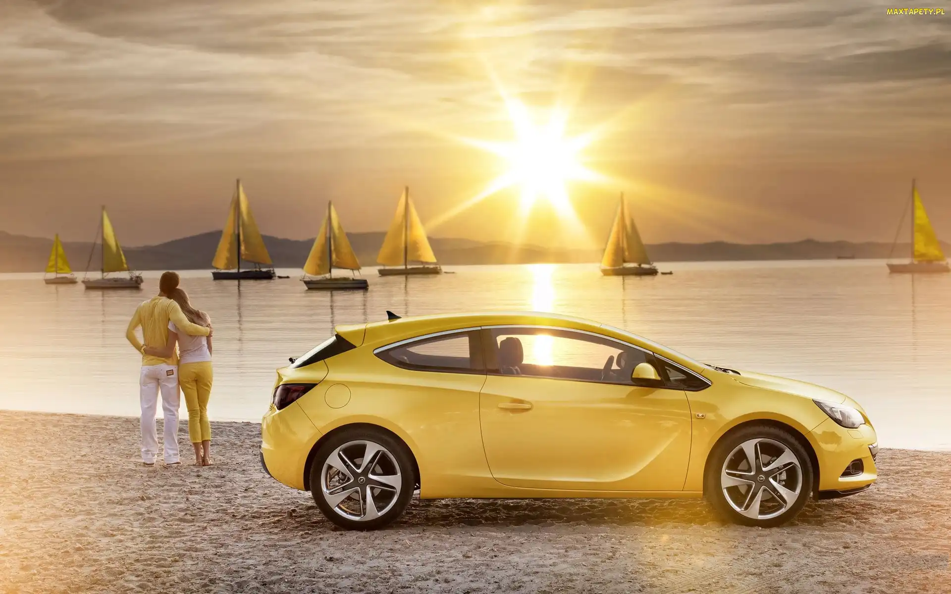 Żaglówki, Zachód słońca, Morze, Para, Opel