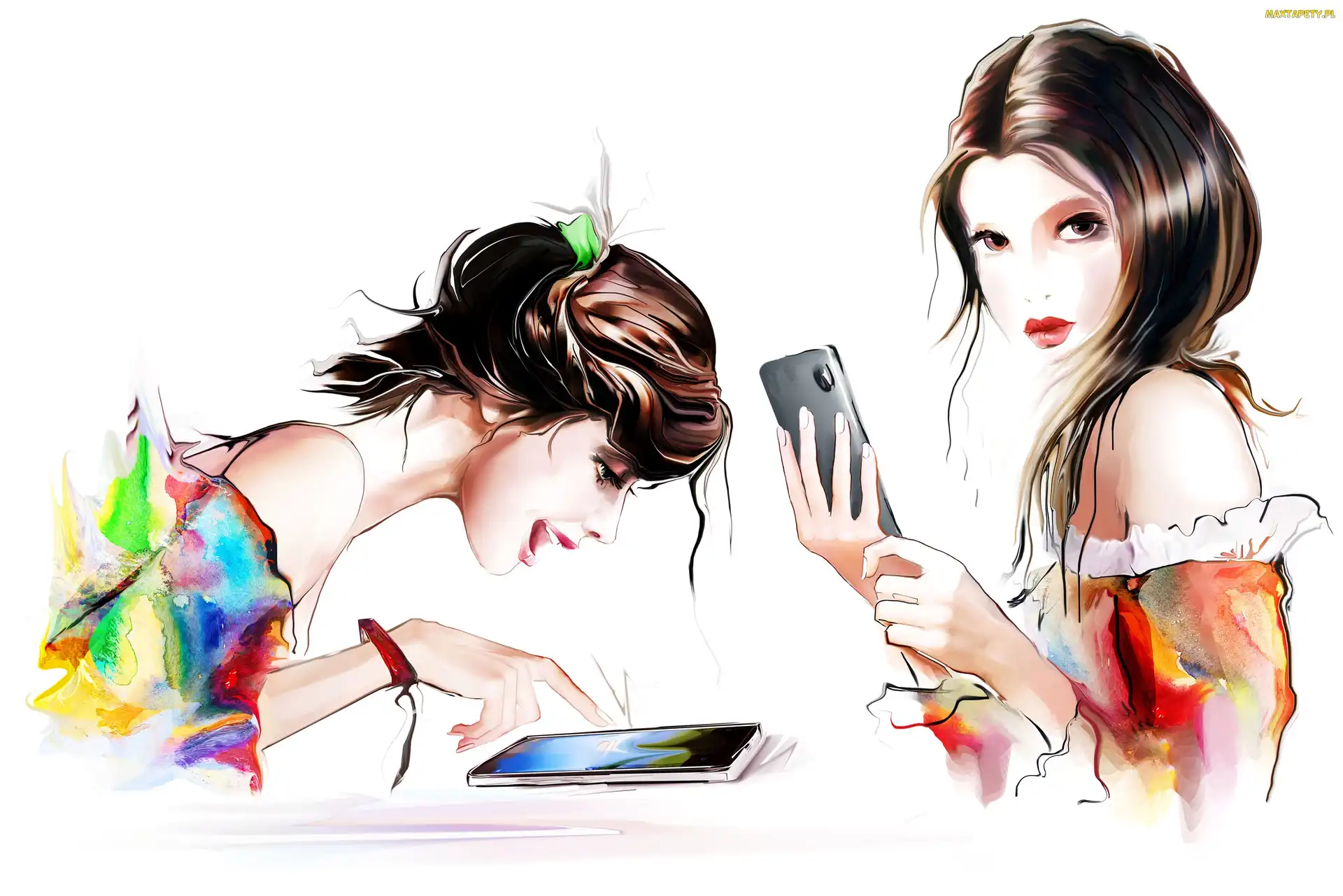 Tablet, 2D, Grafika, Komórka, Młode Dziewczyny