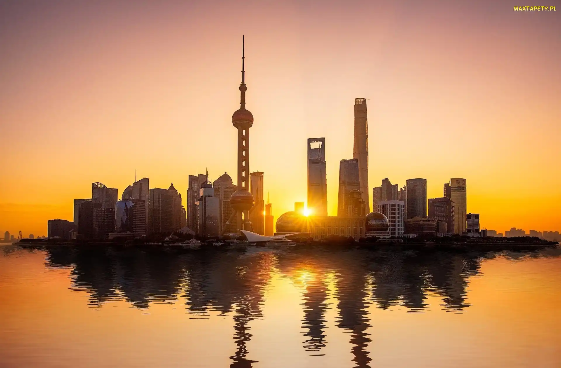 Rzeka, Szanghaj, Chiny, Zachód Słońca, Wieżowce, Hangpu, Oriental Pearl Tower, Pudong