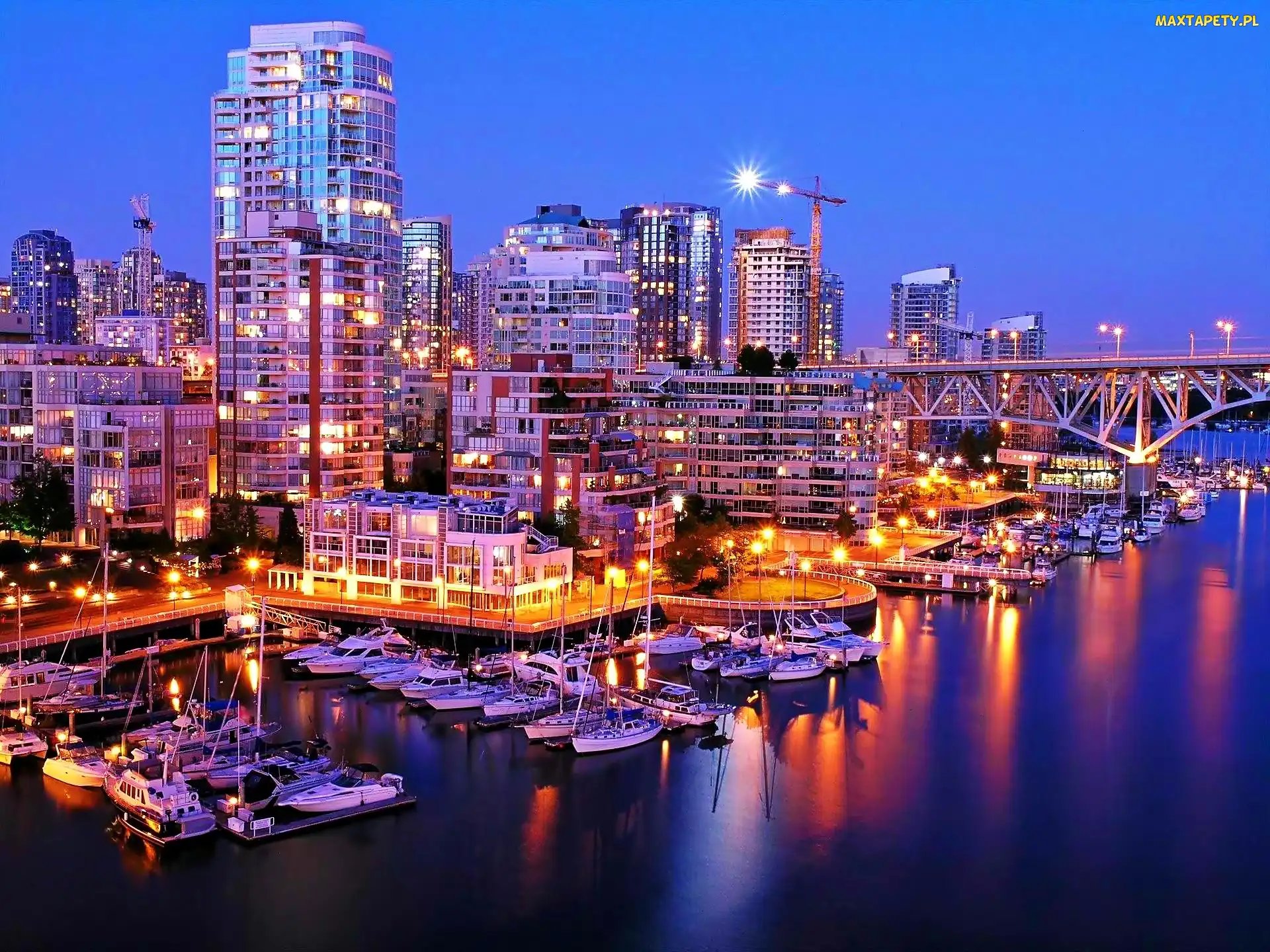 Marina, Nocą, Vancouver, Jachty, Drapacze Chmur