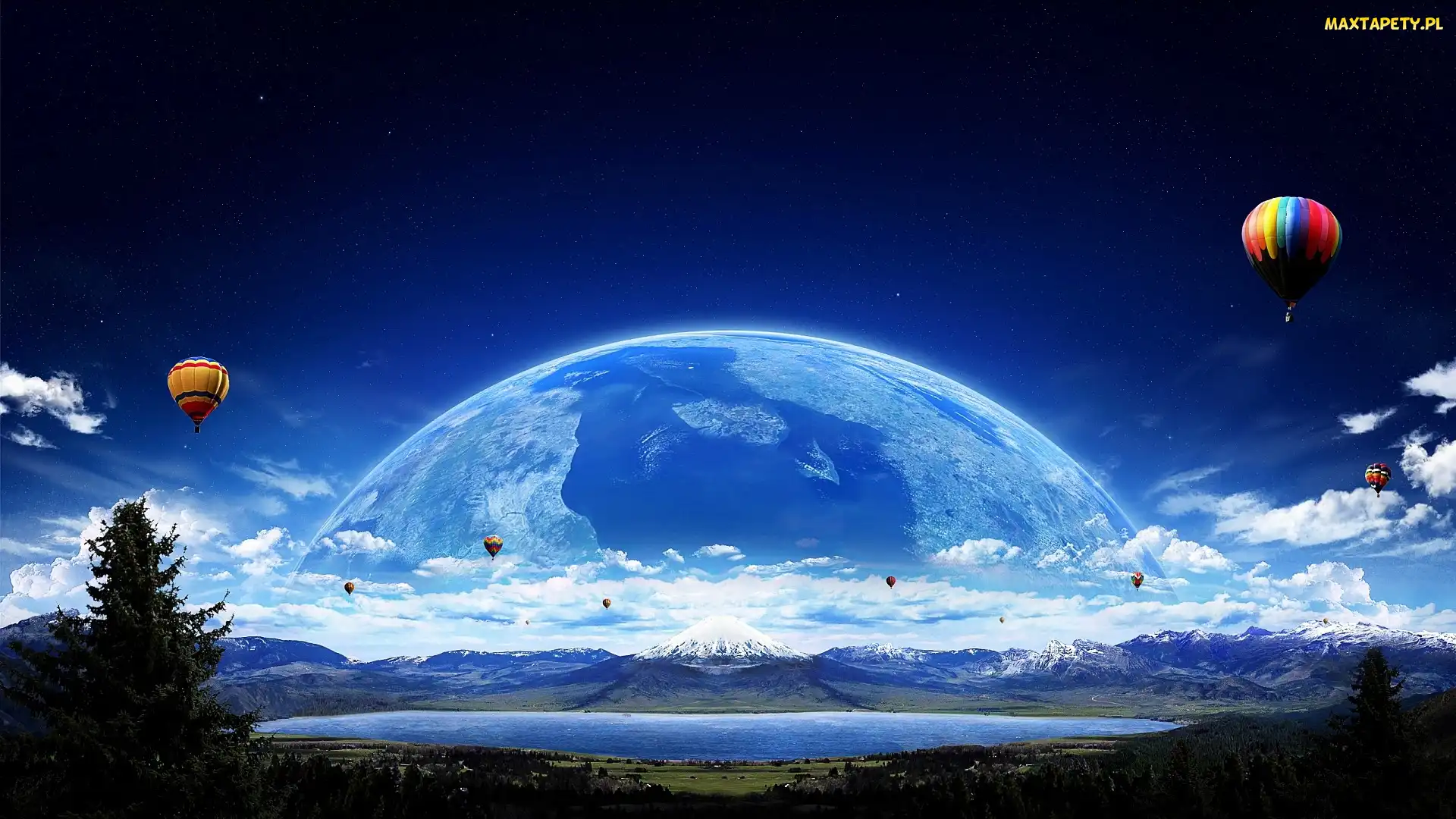 Fantasy, Balony, Góry, Jezioro, Grafika