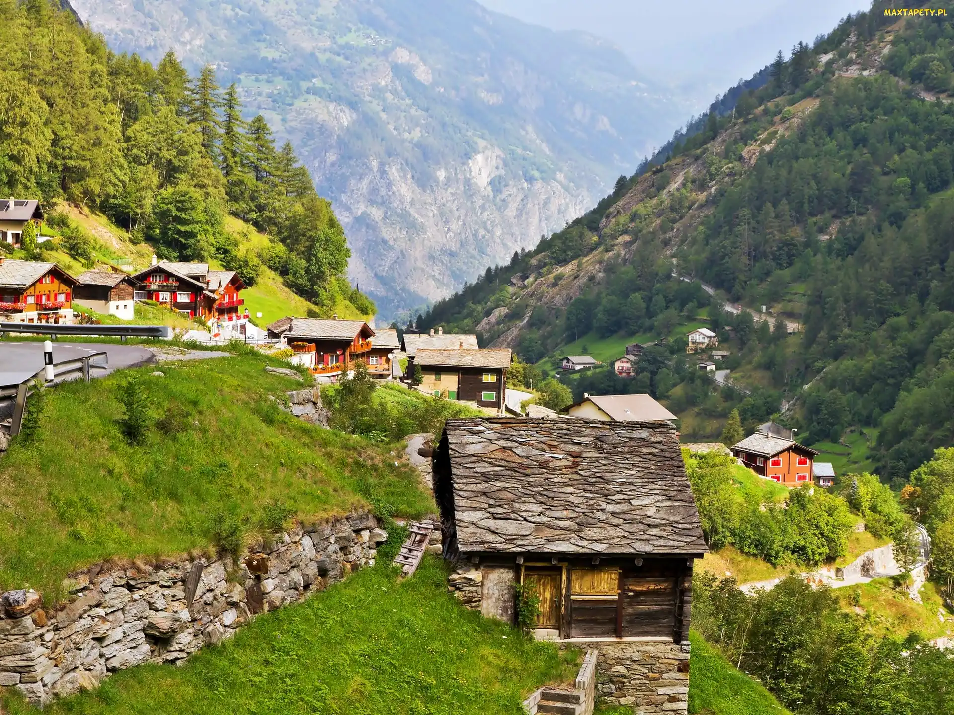 Alpy, Góry, Valais, Dolina Saas, Wioska, W Kantonie, Lasy