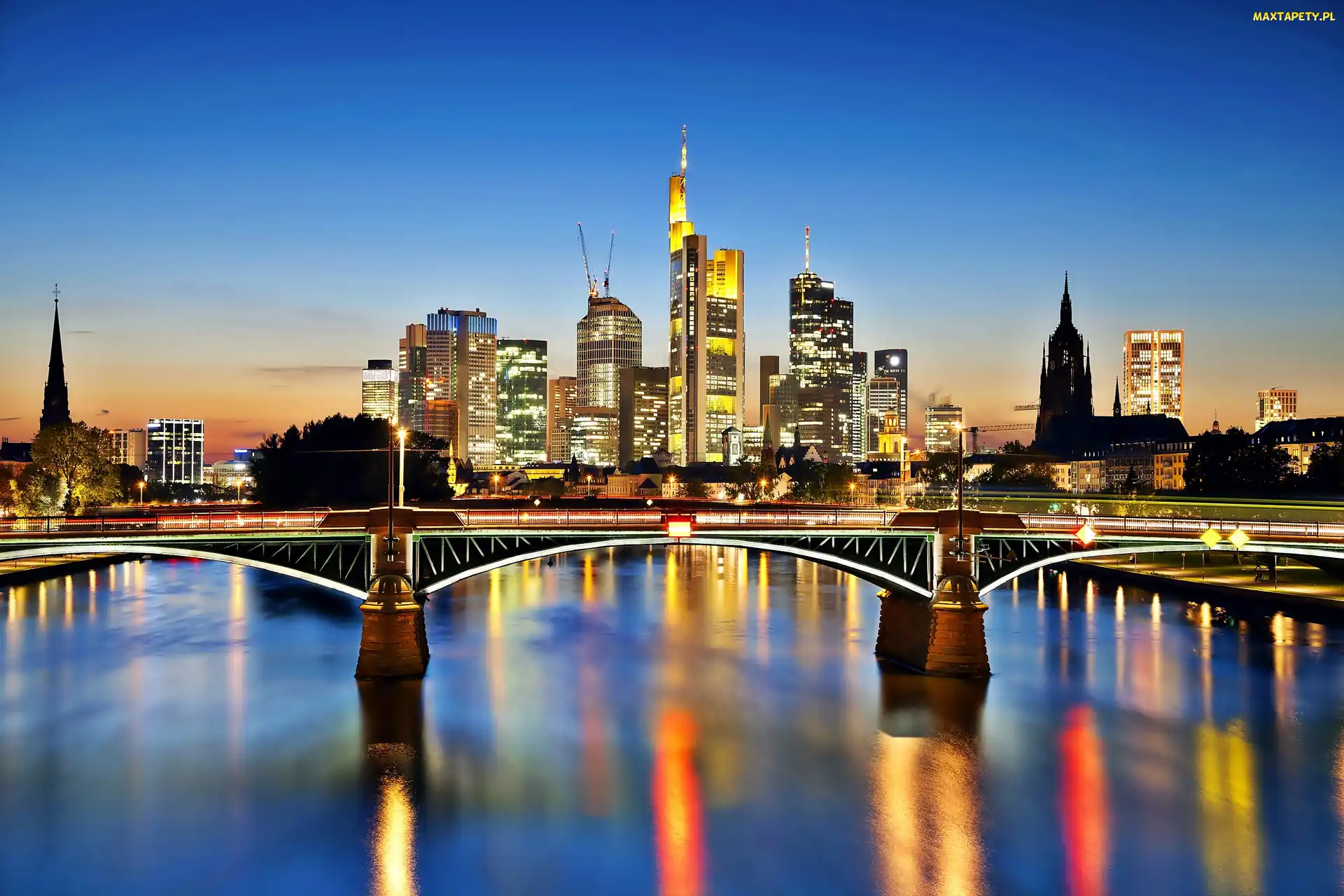 Miasta, Panorama, Men, Nocą, Frankfurt, Rzeka, Most