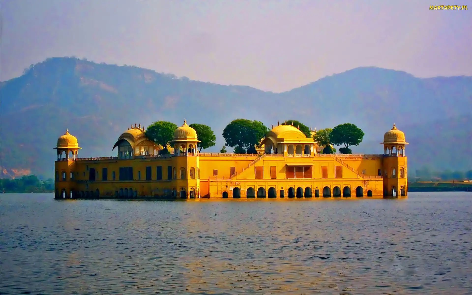 Jaipur, Jal Mahal, Góry, Wschód Słońca, Jezioro, Pałac