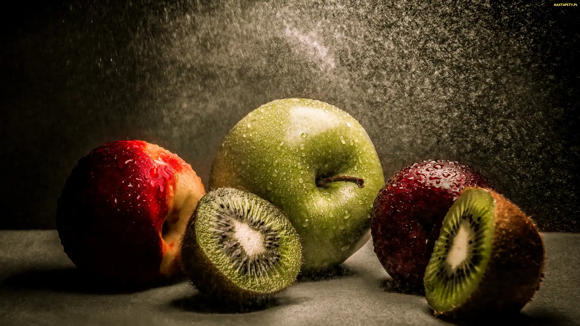 Wody, Krople, Jabłko, Kiwi