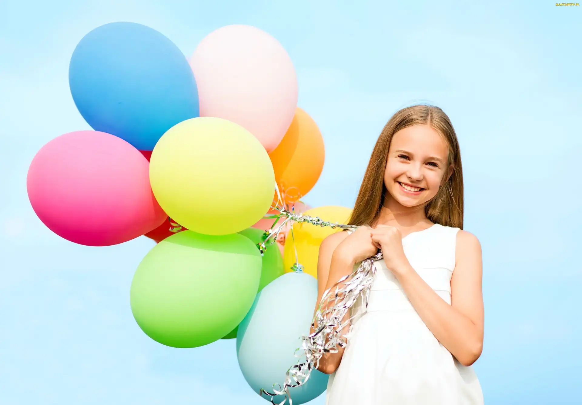 Balony, Kolorowe, Blond, Uśmiech, Dziecko, Śliczna, Dziewczynka