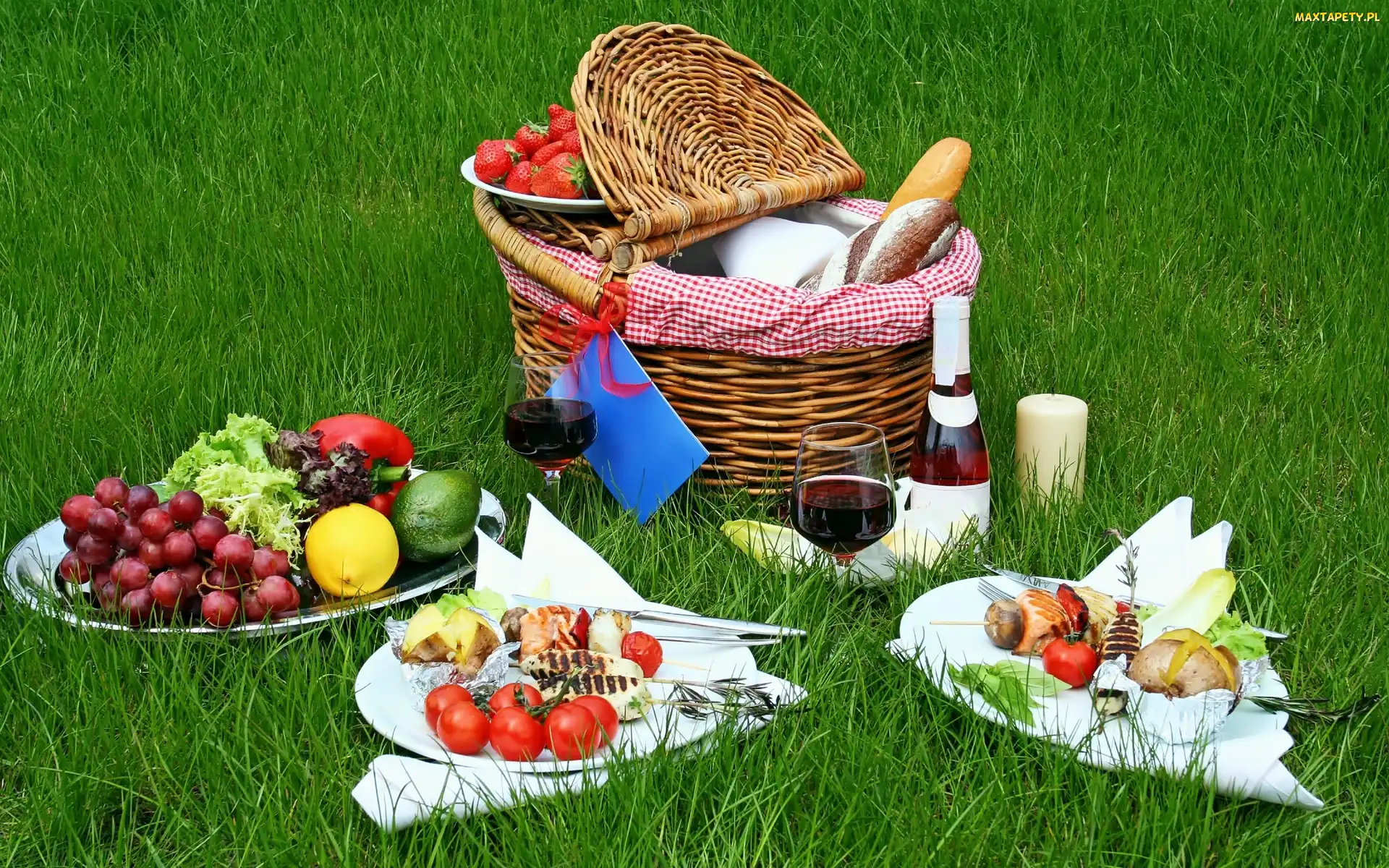 Piknik, Owoce, Łąka, Koszyk, Wino, Warzywa