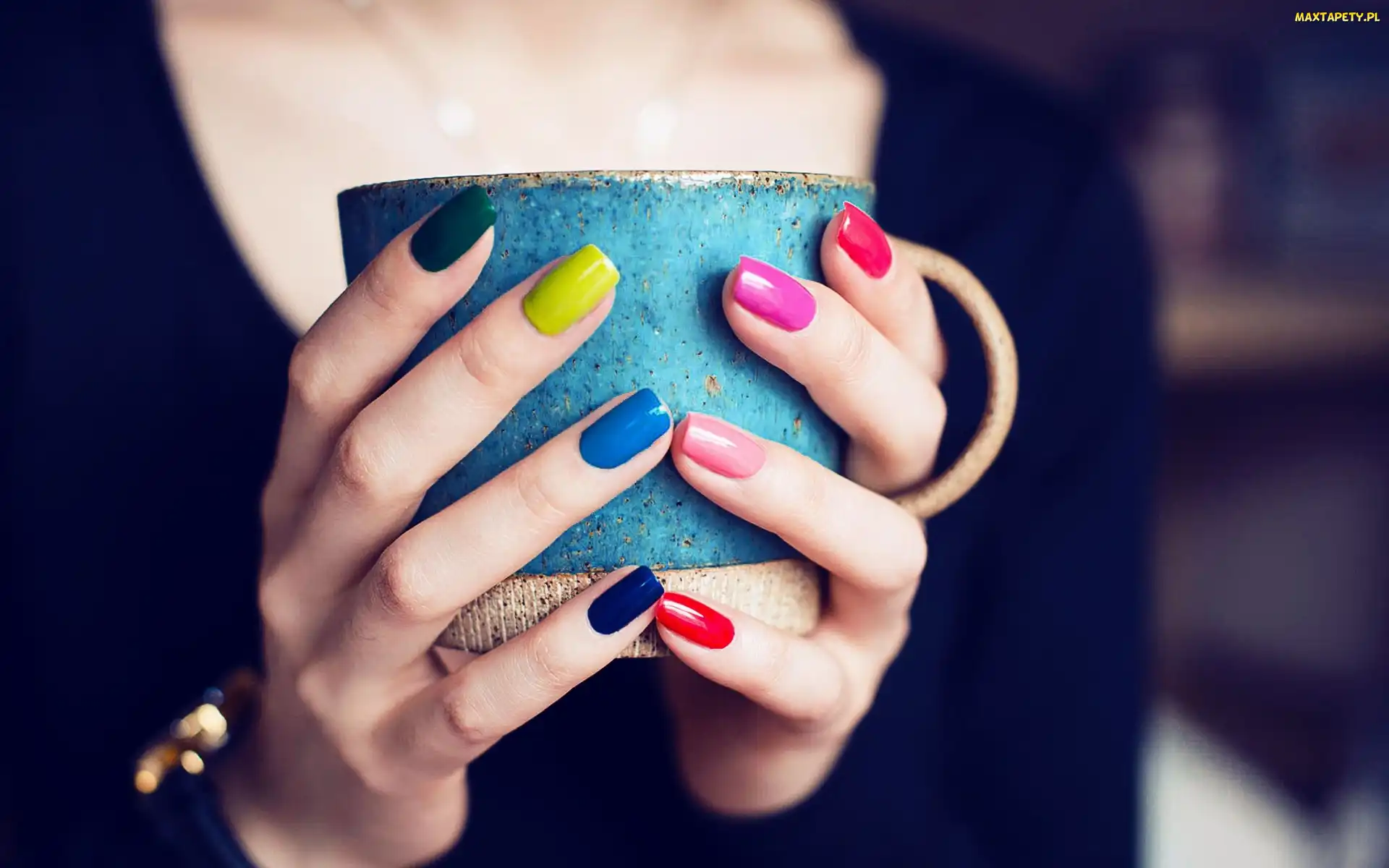 Kolorowe, Kubek, Manicure, Paznokcie, Kobieta