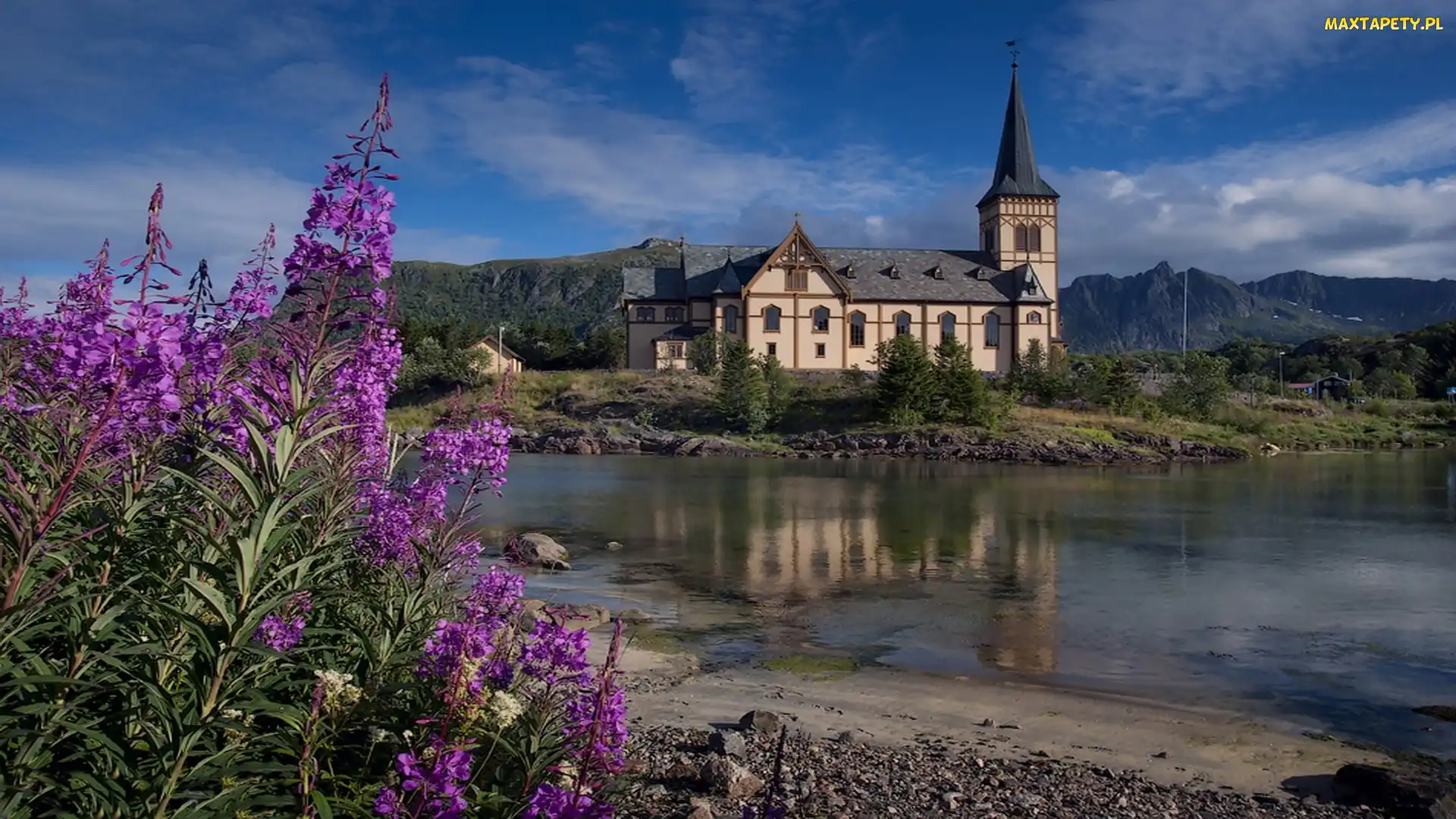 Góry, Kwiaty, Rzeka, Norwegia, Budynek, Purpurowe