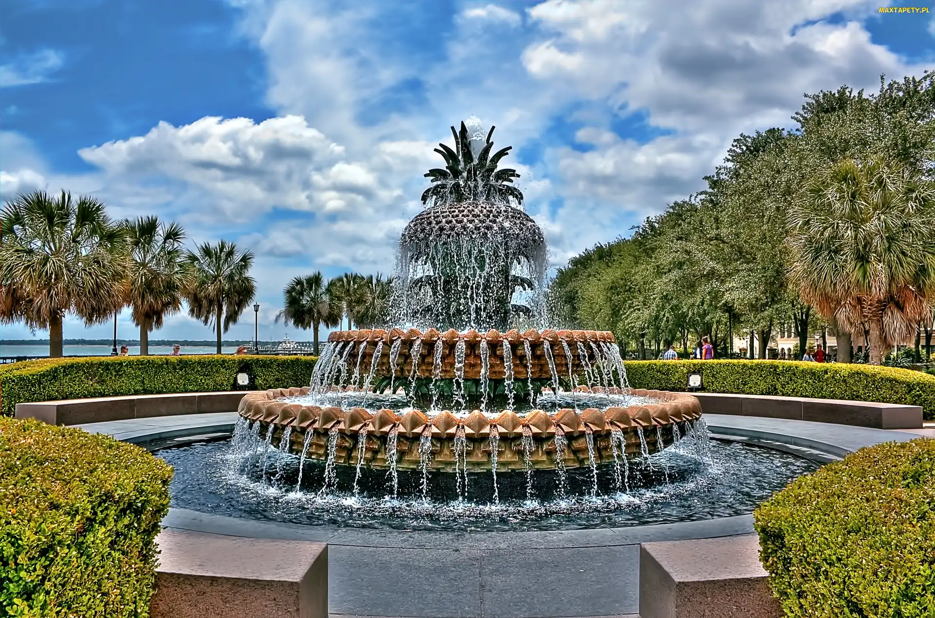 Fontanna, HDR, Obłoki, Palmy, Park