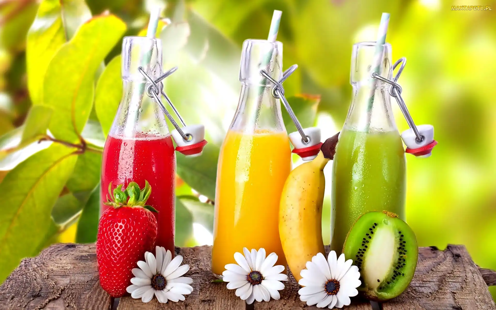 Kwiaty, Sok, Banan, Kiwi, Truskawka, Butelki