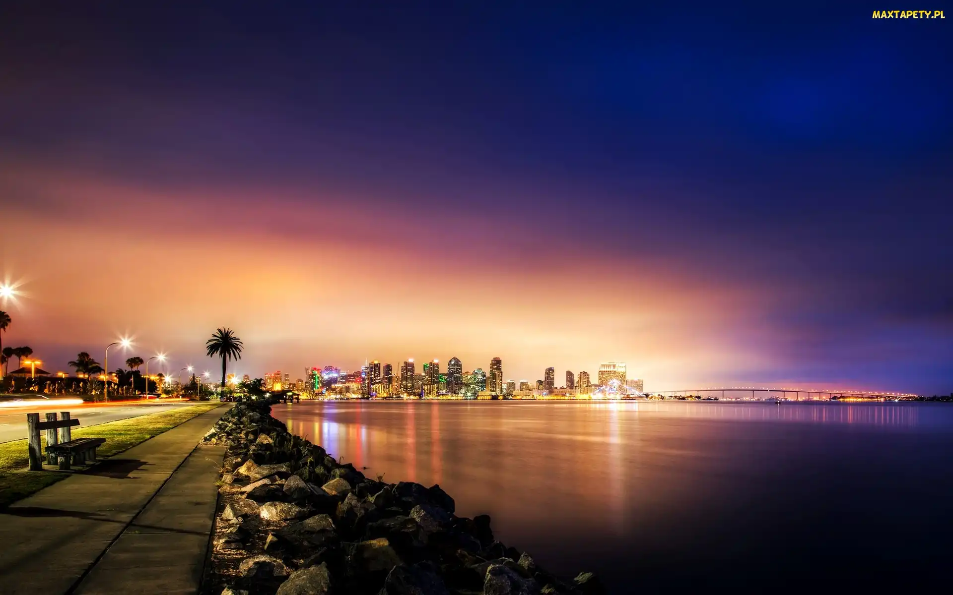 San Diego, Chodnik, USA, Wybrzeże, Noc, Morze, Światła, Ławka