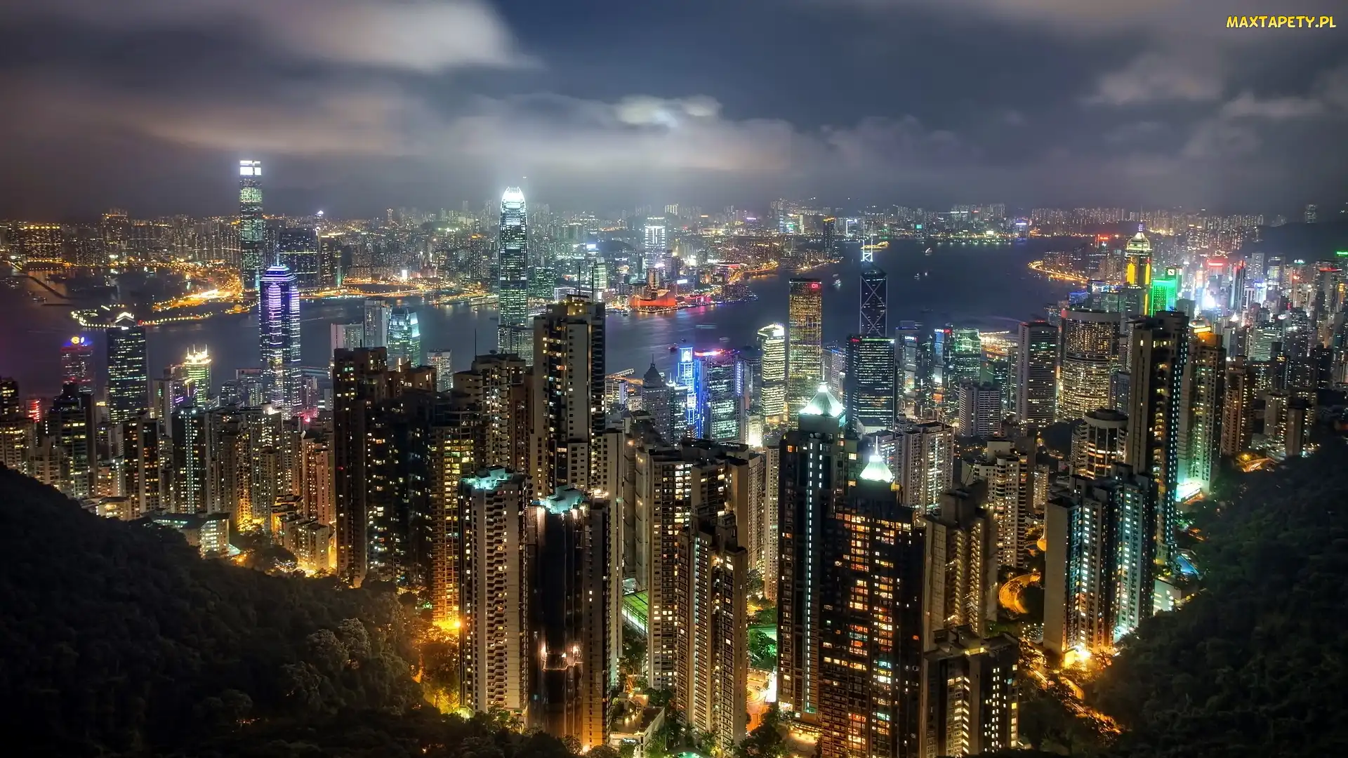 Drapacze, Nocą, Miasto, Chmur, Hong Kong