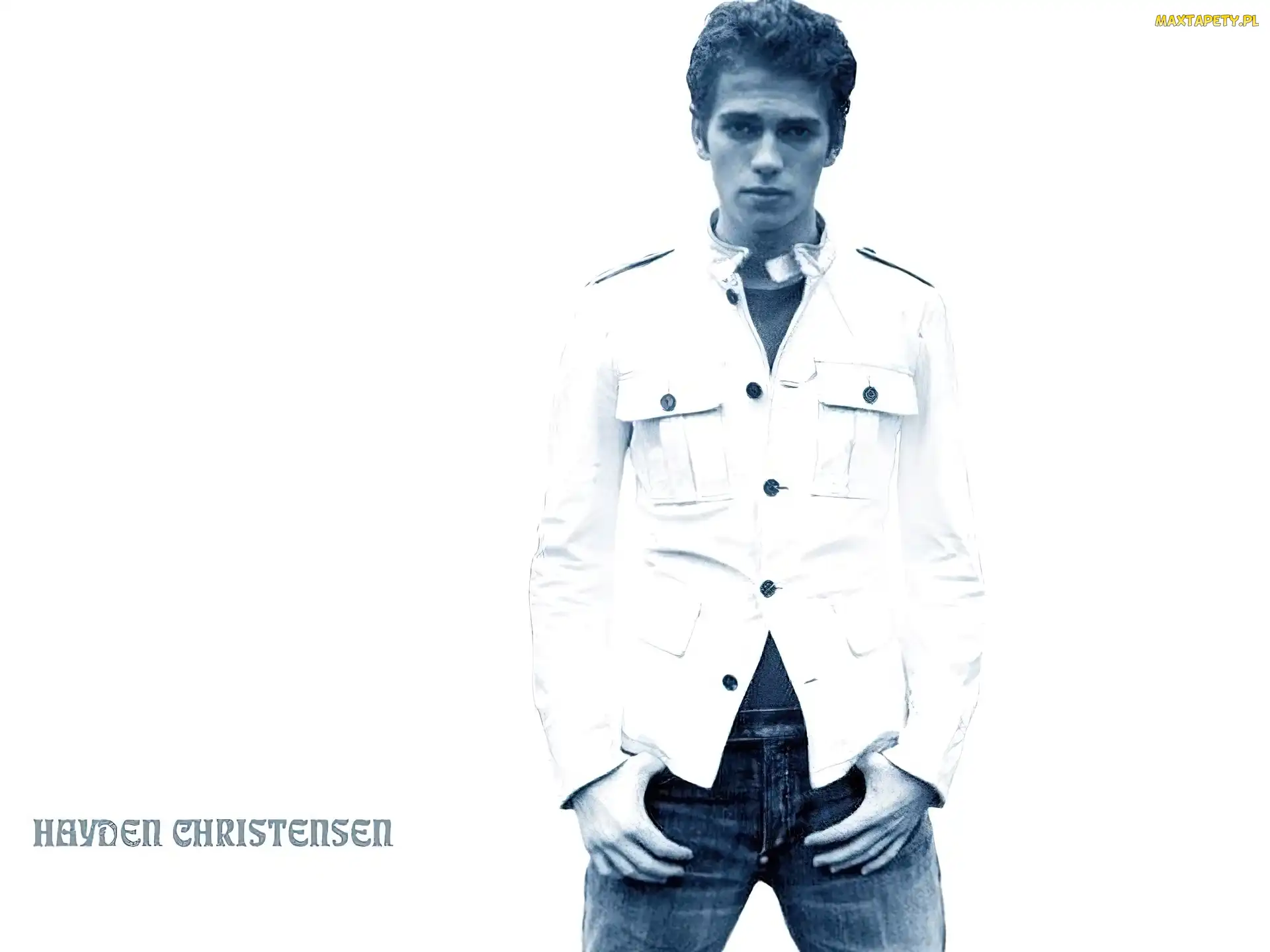 biała kurtka, jeansy, Hayden Christensen