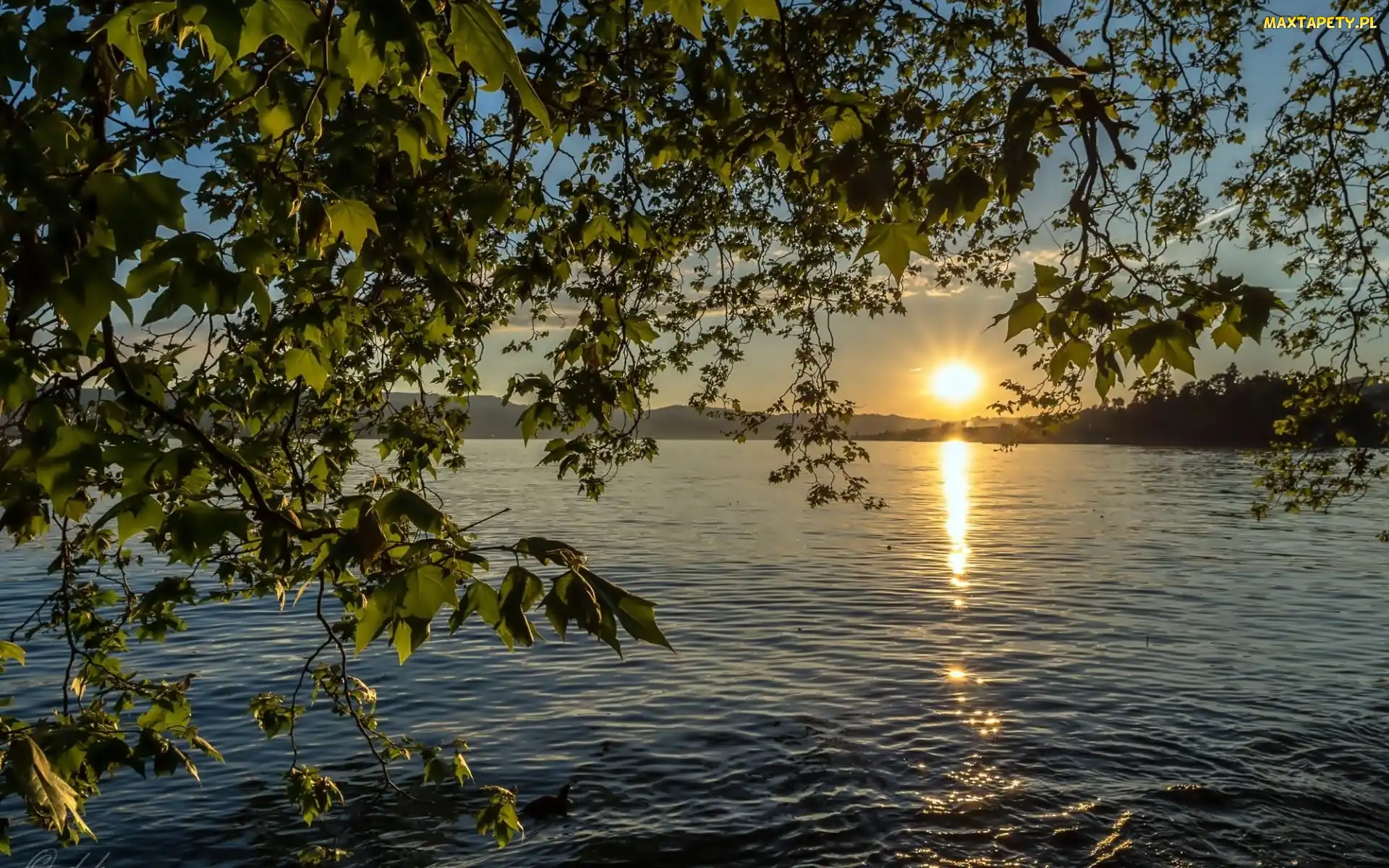 Góry, Słońca, Promienie, Drzewa, Jezioro