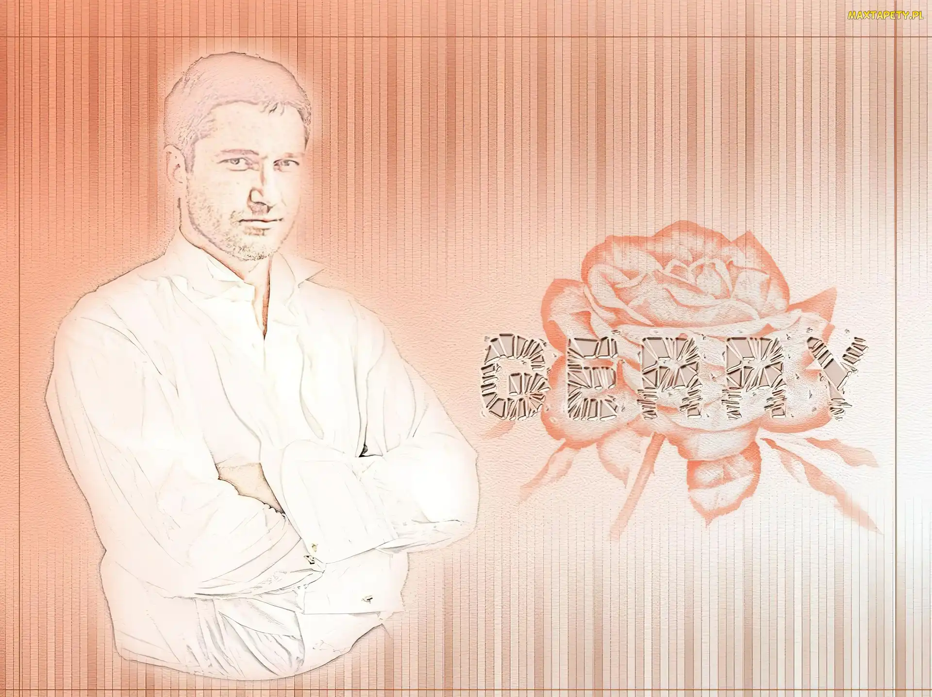 Gerard Butler, kwiatek, biała koszula