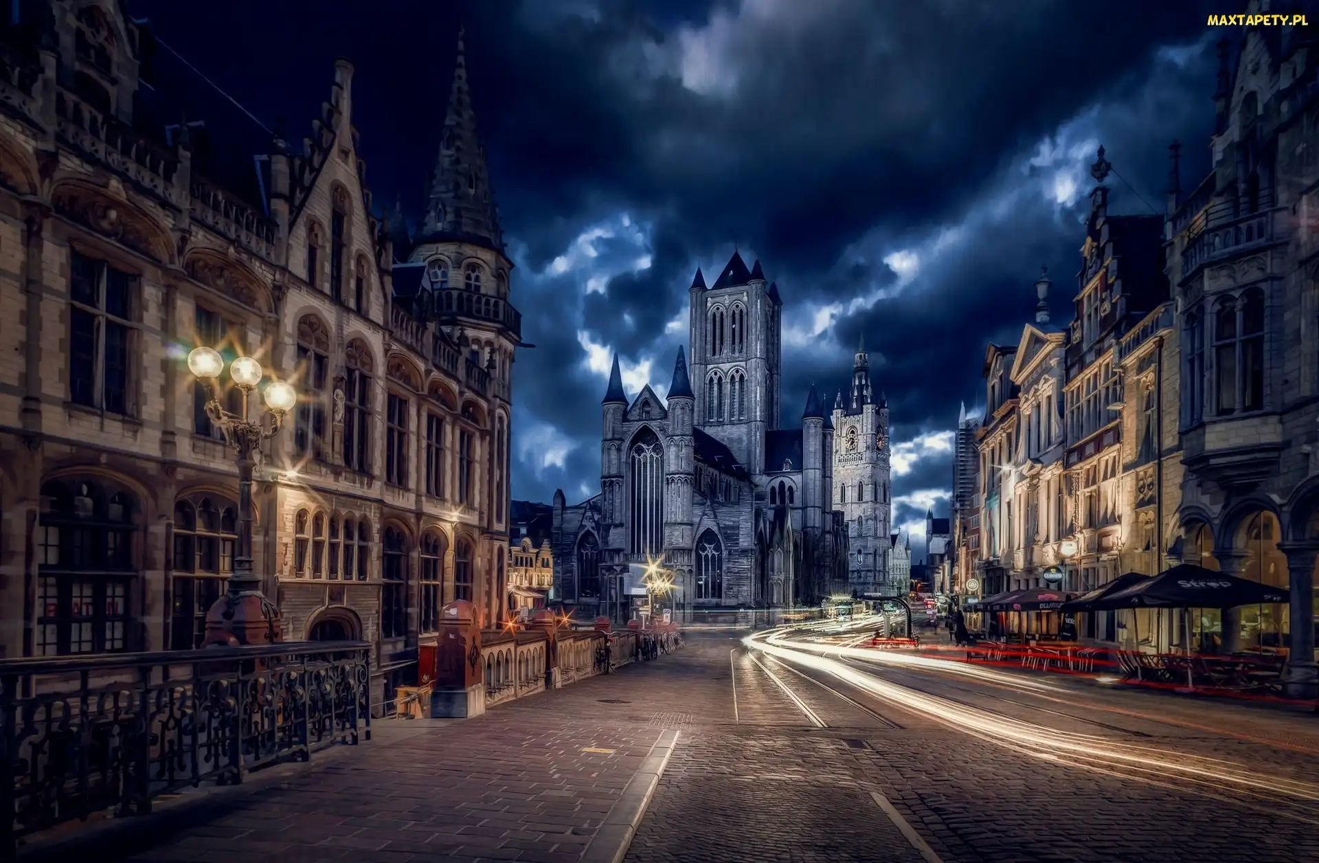 Miasto Nocą, Belgia, Budynki, Ulica