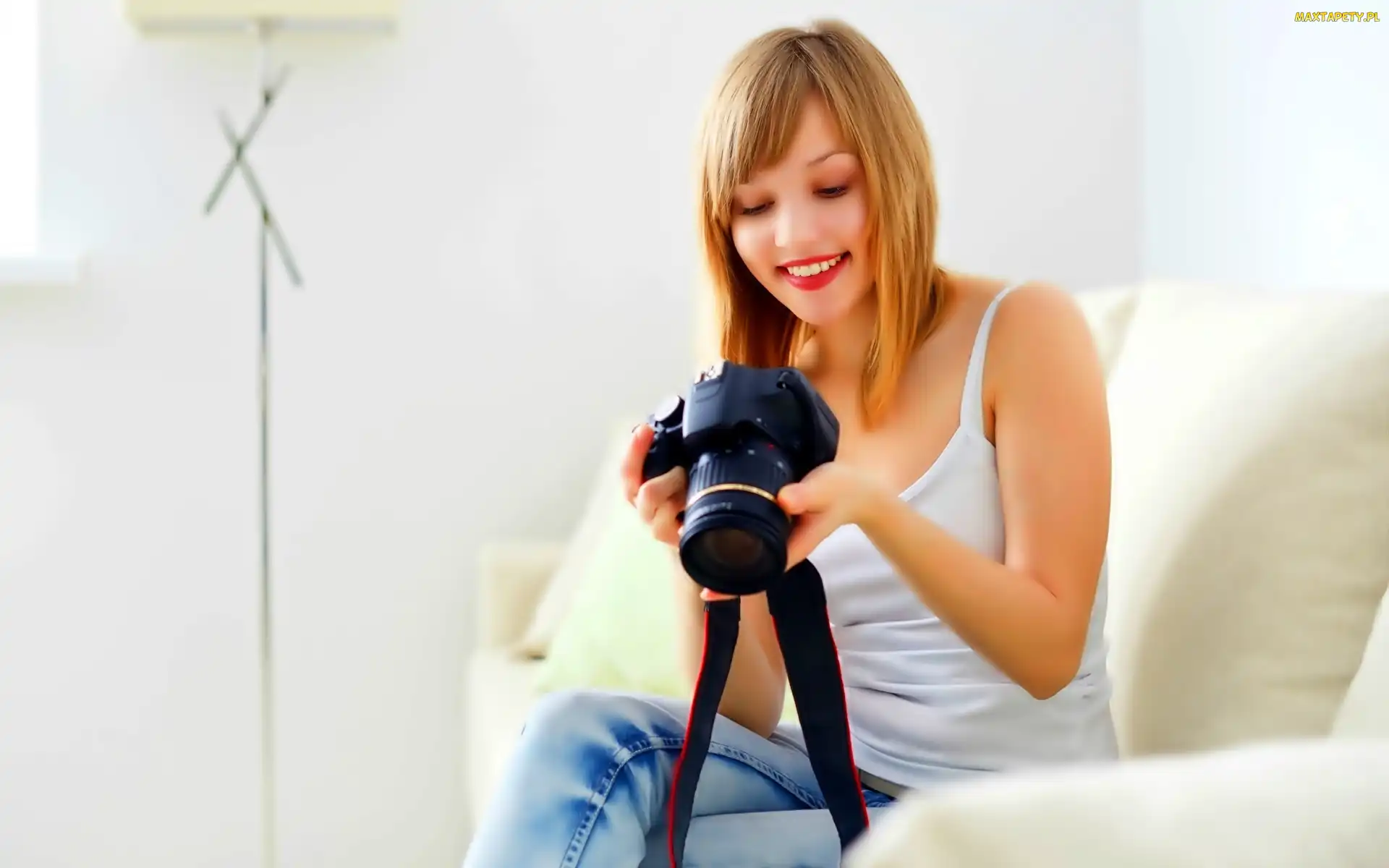 Dziewczyna, Fotograficzny, Aparat, Makijaż, Uśmiechnięta