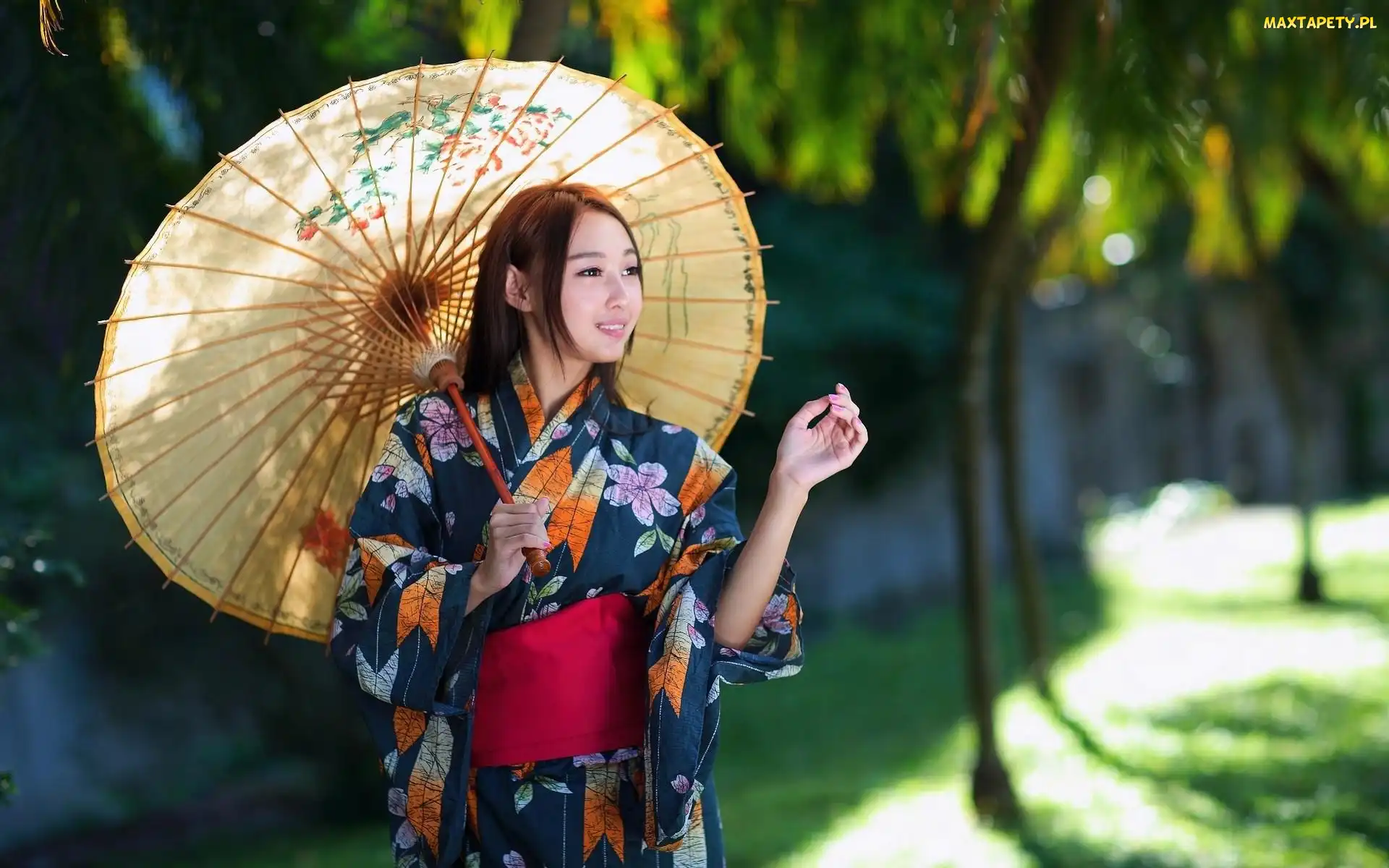 Parasolka, kimono, Uśmiechnięta, Azjatka