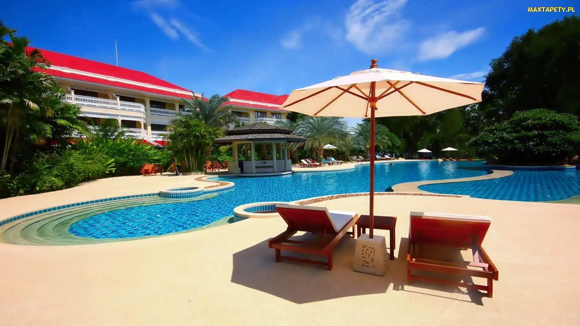 Basen, Hotel, Wakacje, Parasol, Palmy, Leżaki