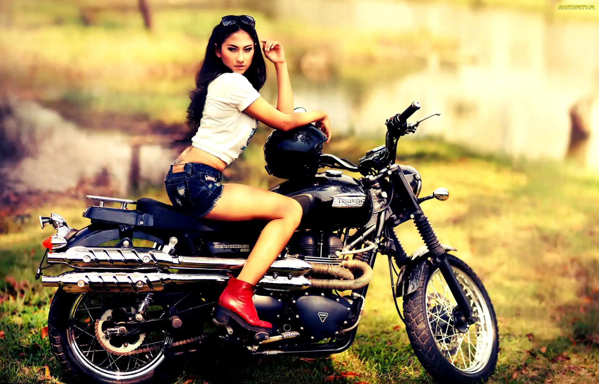 Triumph , Brunetka, Kobieta , Scrambler, Motor