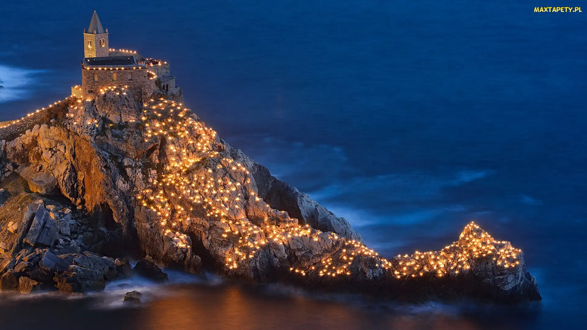 Skały, Morze Liguryjskie, Miasteczko Portovenere, Światła, Włochy, Chiesa di San Pietro - kościół św. Piotra, Region Liguria