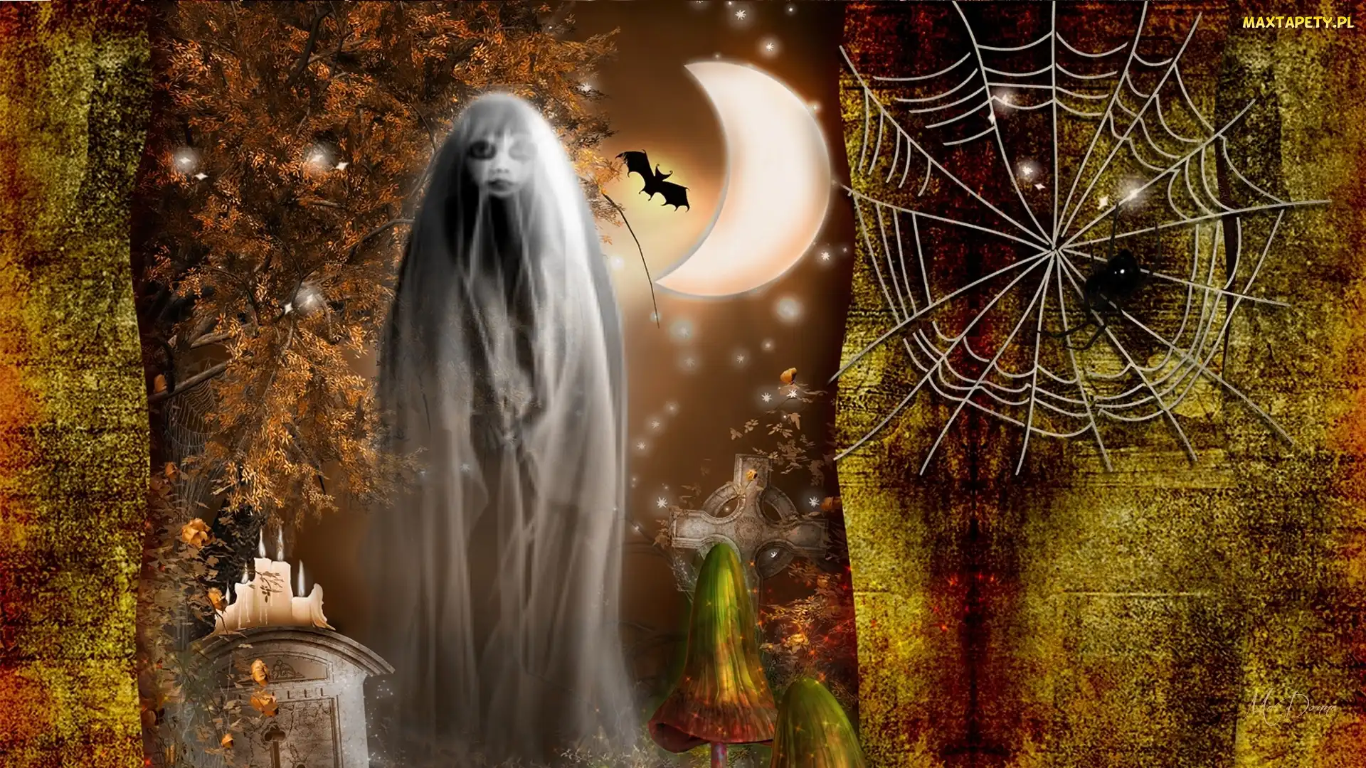Świece, Nagrobek, Duch, Nietoperz, Księżyc, Halloween, Pajęczyna