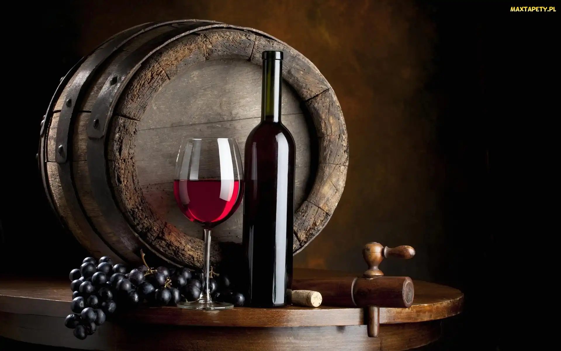 Winogrono, Beczka, Wino, Czerwone, Butelka, Kieliszek