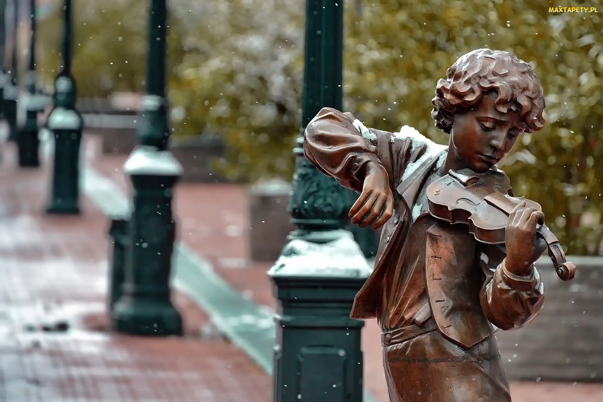 Zima, Park, Statua, Skrzypek, Z, Brązu