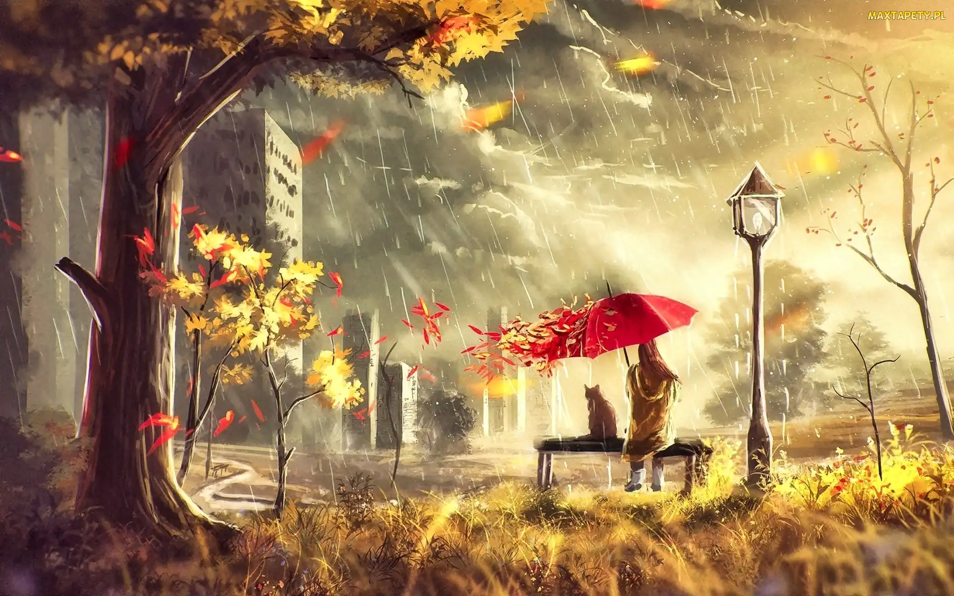 Grafika, Ławka, Człowiek, Parasol, Kot, Domy, Jesień, Deszcz, Drzewo
