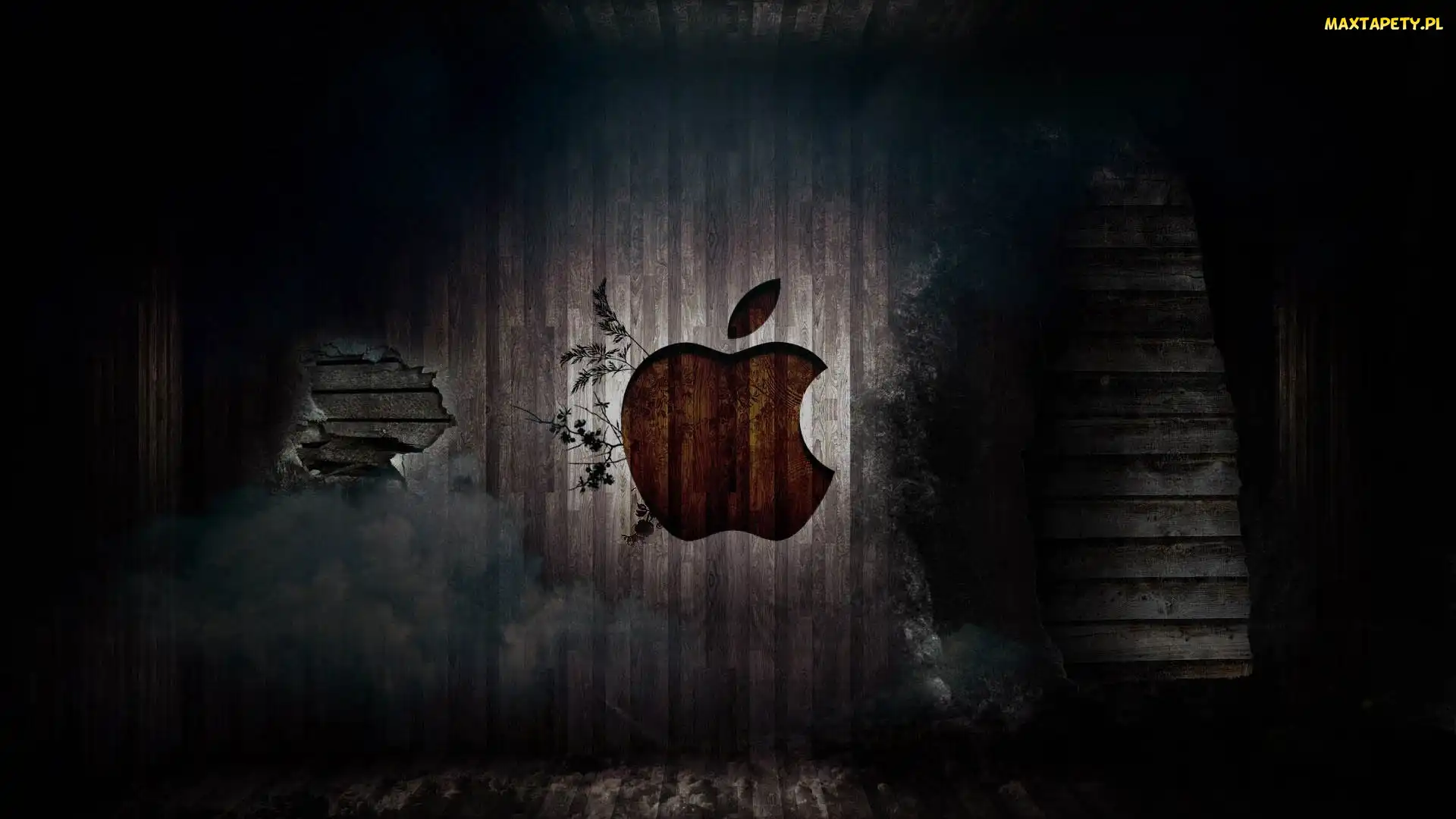 Apple, Logo, Z, Ściana, Desek, Ciemności