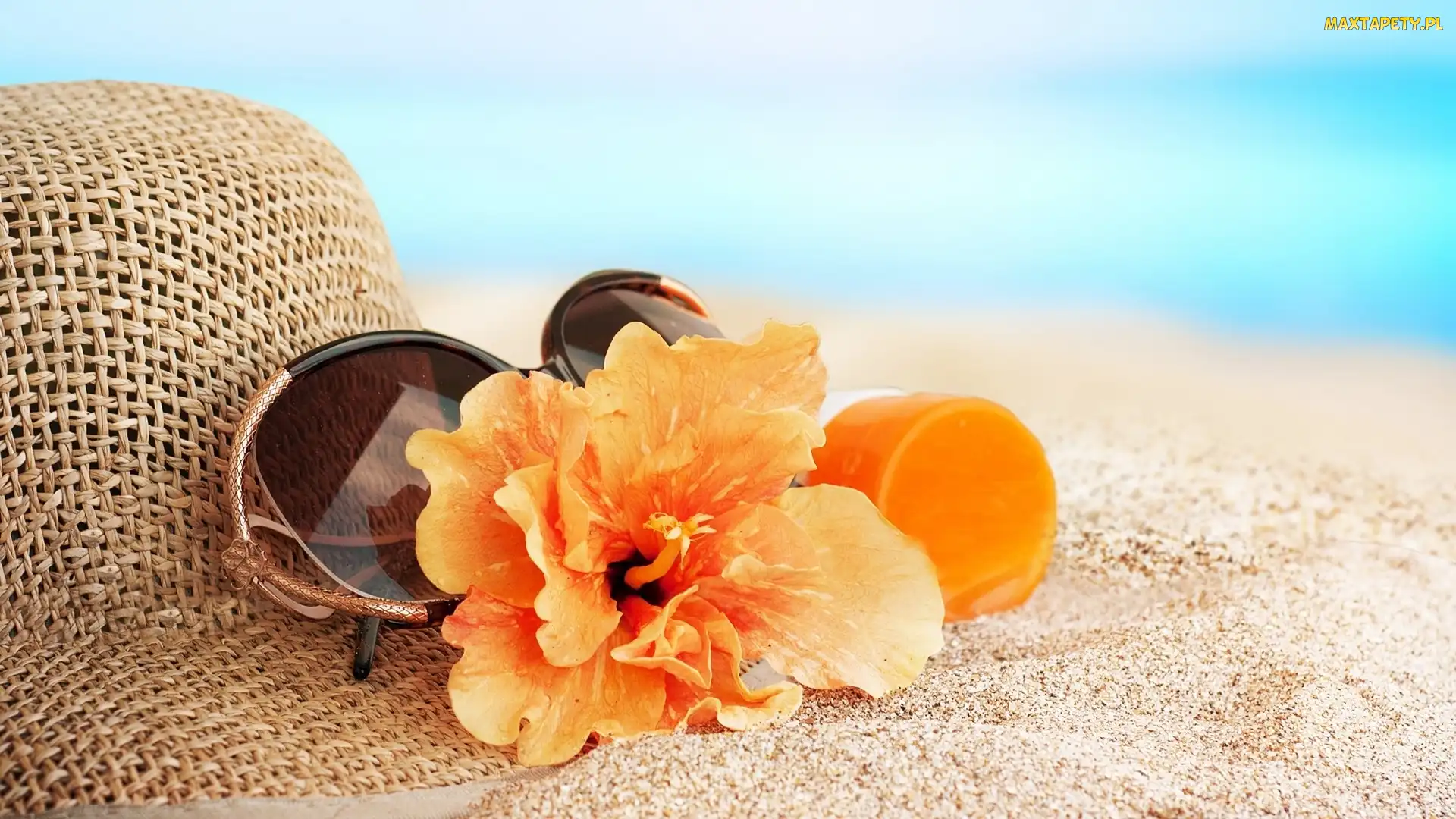 Plaża, Hibiskus, Okulary, Kapelusz