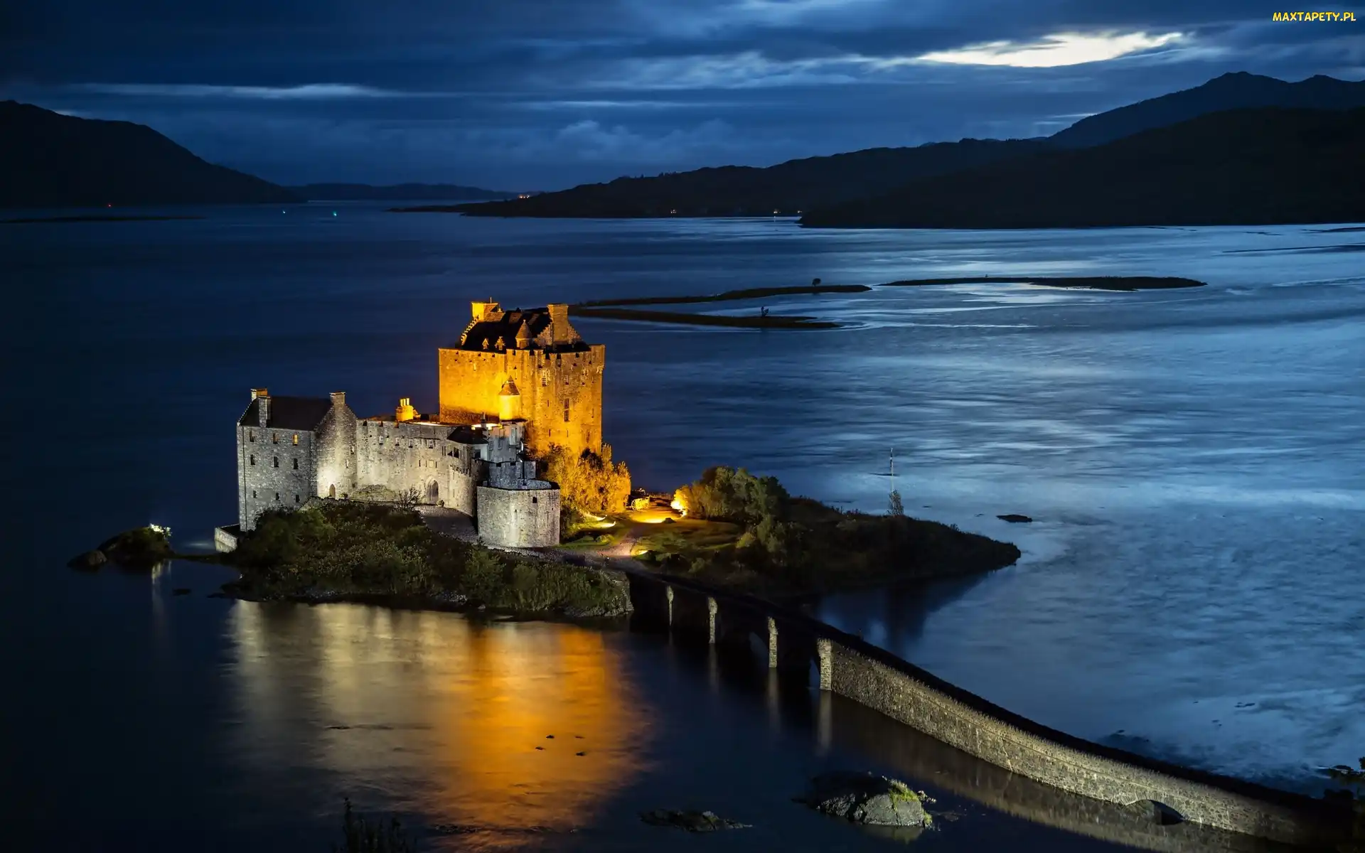 Zamek Eilean Donan, Wyspa, Noc, Most, Szkocja, Kamienny