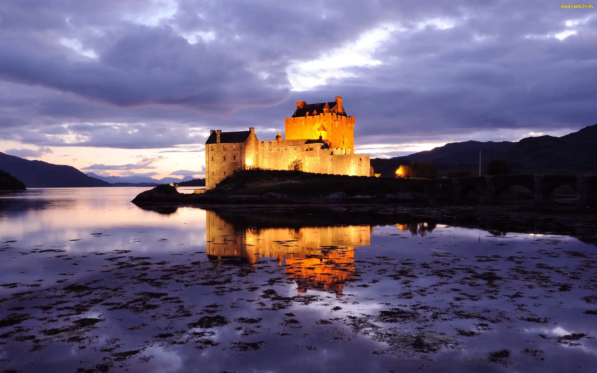 Noc, Szkocja, Zamek Eilean Donan, Jezioro Loch Duich