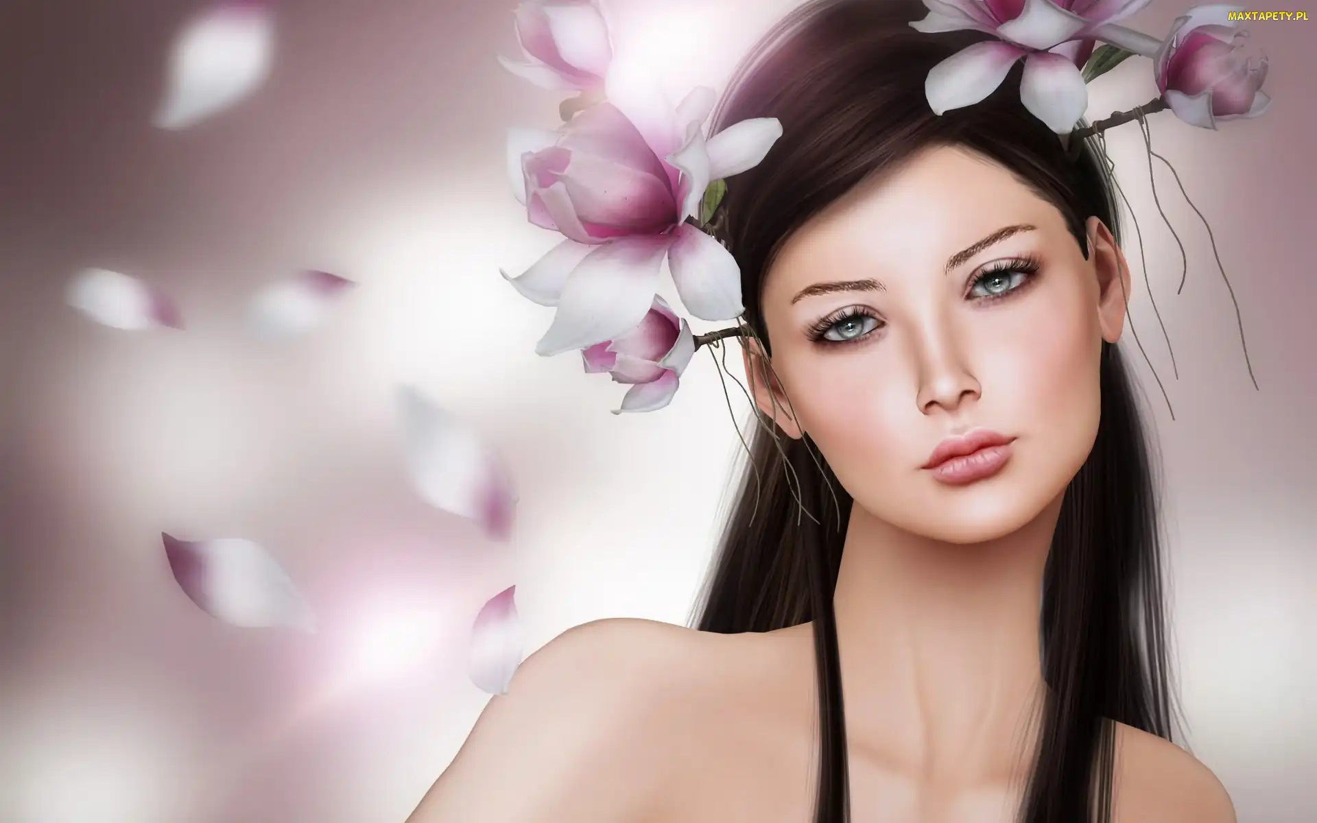 Magnolia, Kwiaty, Grafika, Brunetka