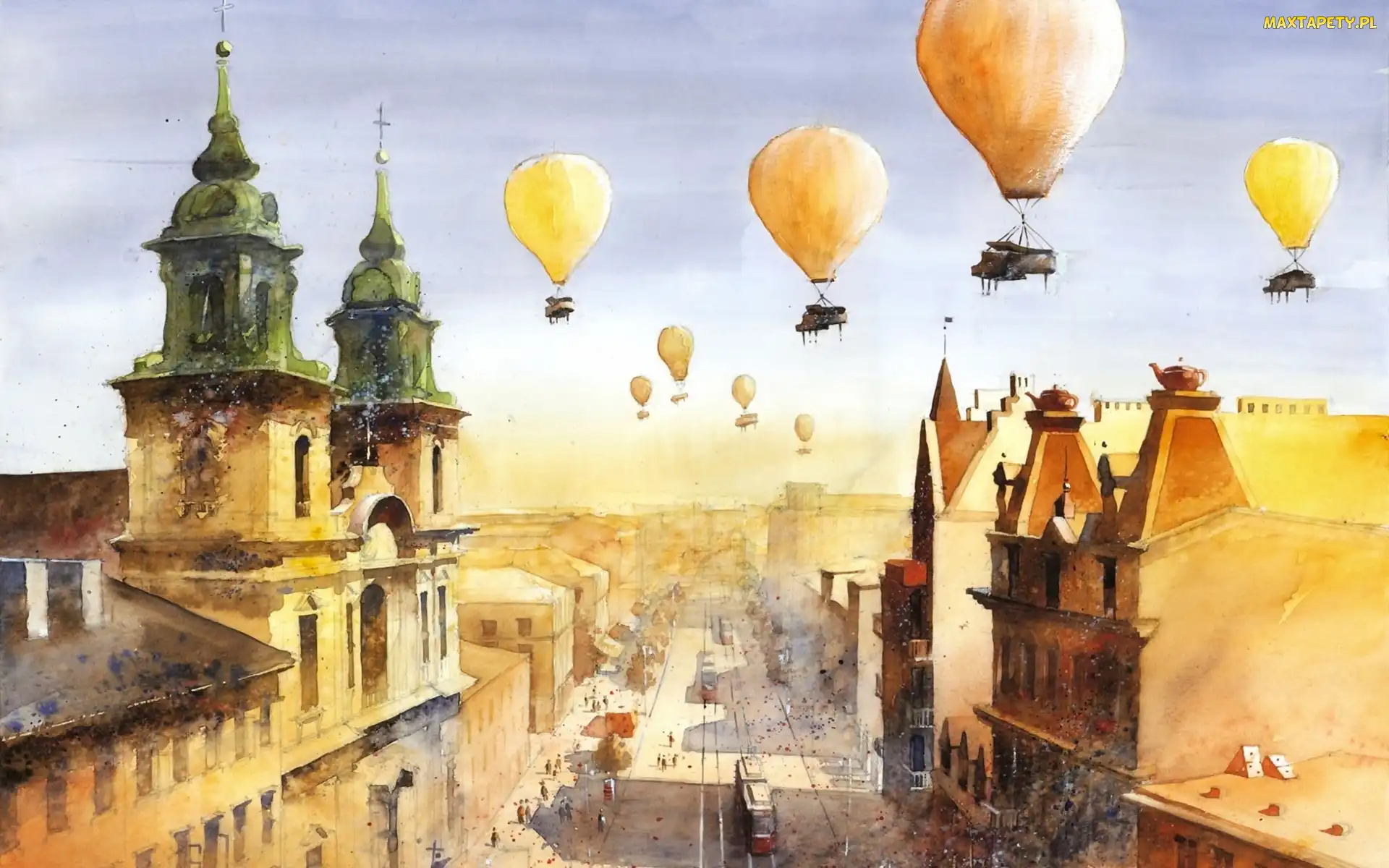 Balony, Przedmieście, Tytus Brzozowski, Akwarela, Warszawa, Krakowskie