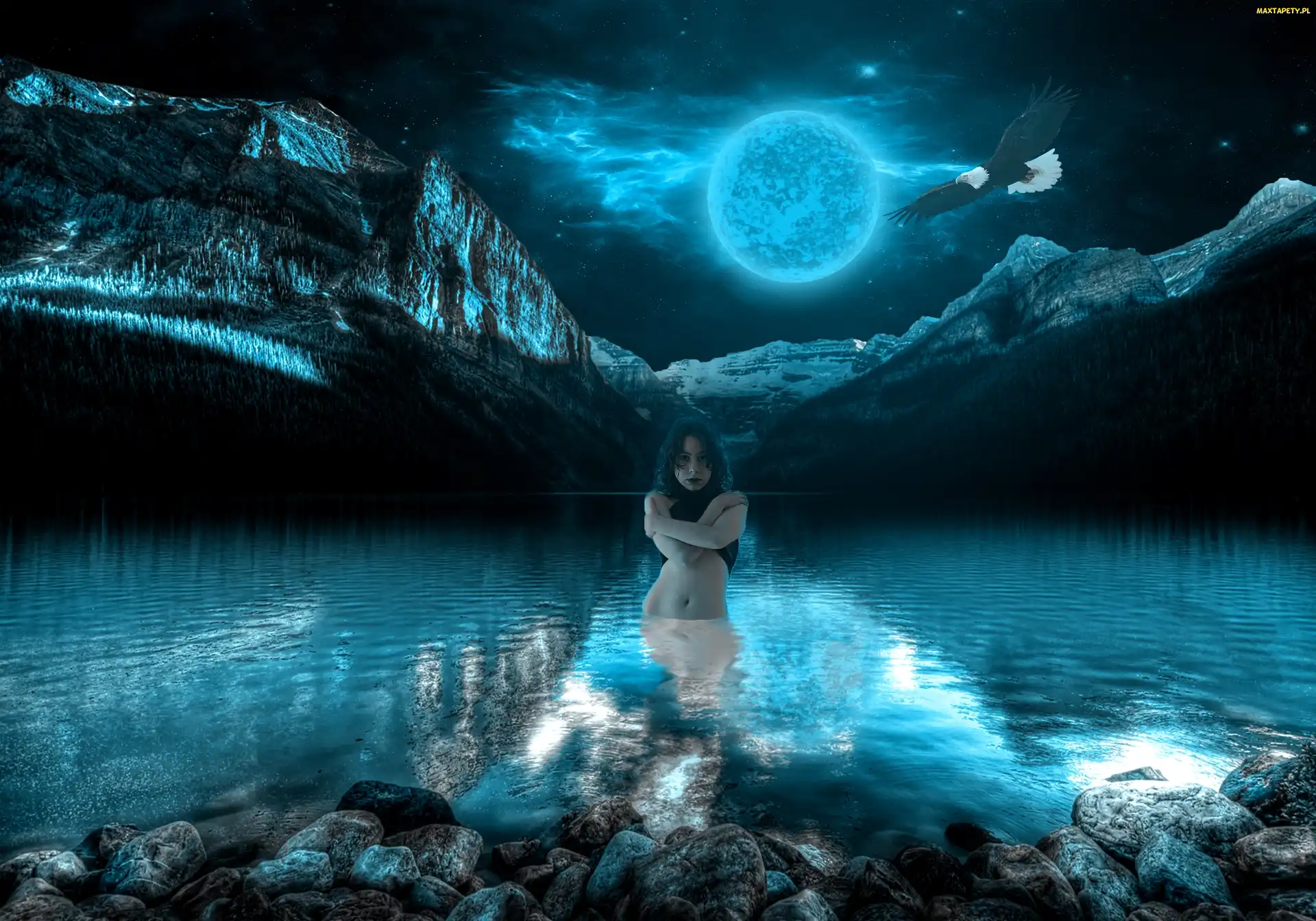 Fantasy, Kobieta, Księżyc, Jezioro, Noc, Góry