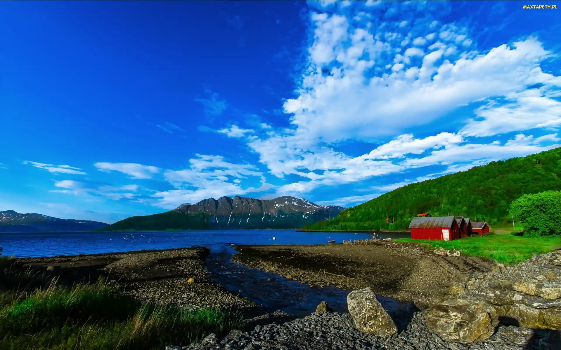 Góry, Norwegia, Domy, Lasy, Jezioro