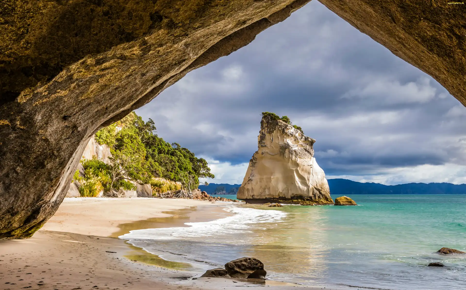 Skała, Plaża, New Zealand, Morze